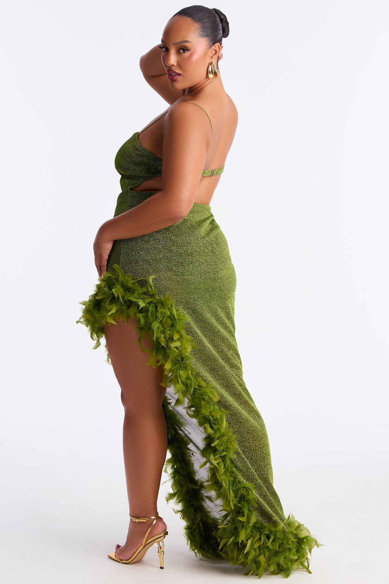 Feel The Spark Feathered Metallic Gown - Chartreuse