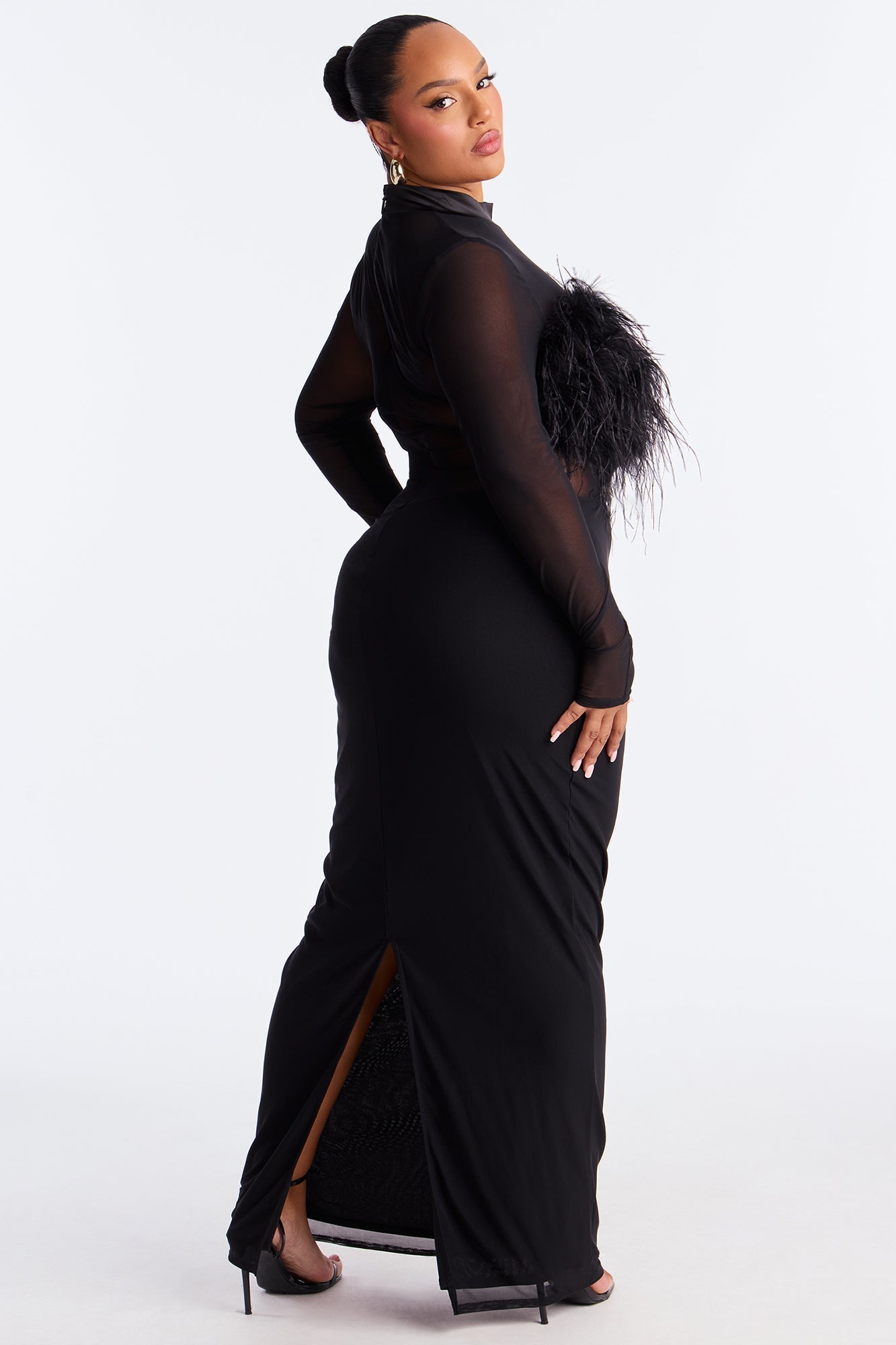 Selene Feather Sheer Mesh Maxi Dress - Black