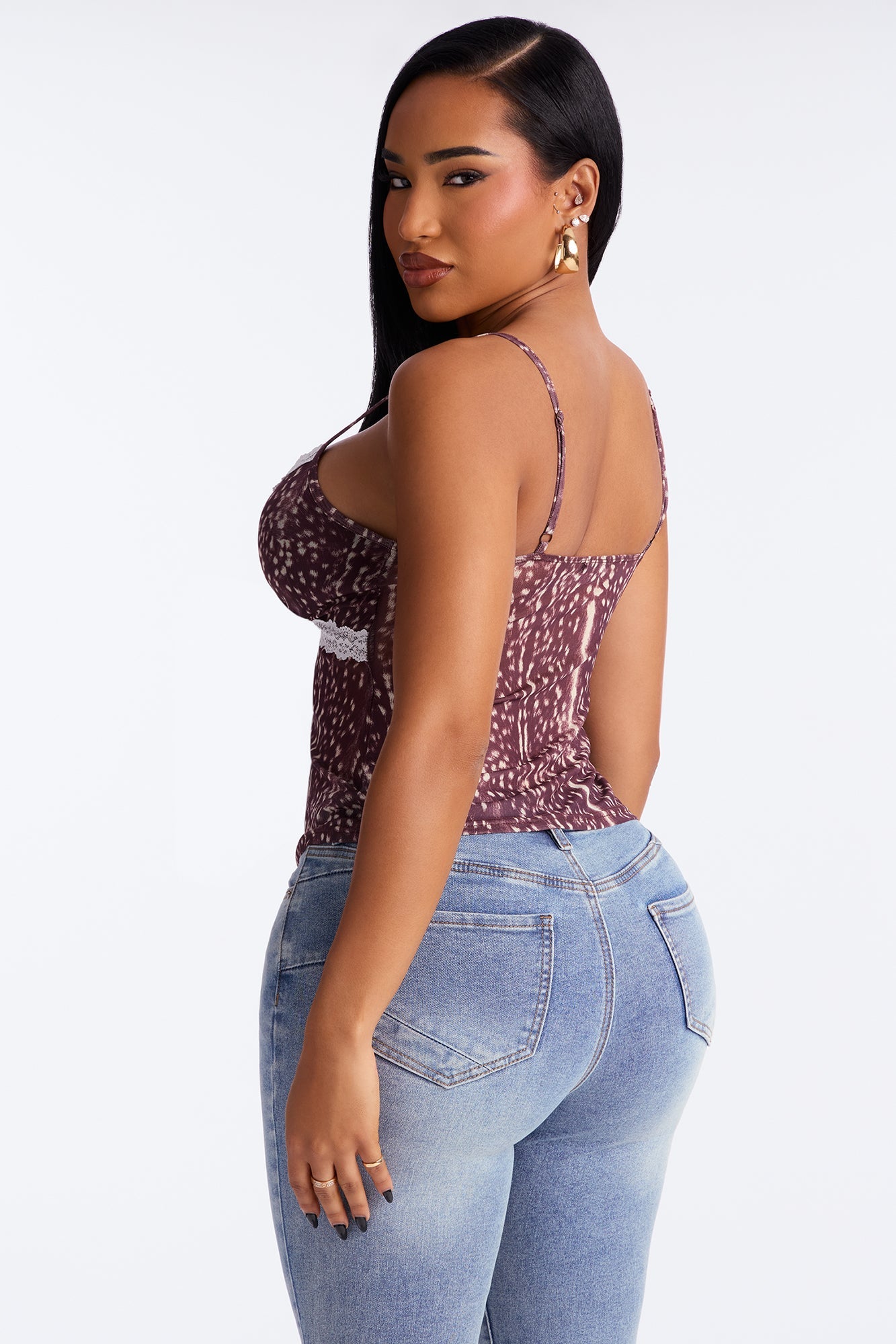 Ronda Lace Trim Mesh Cami Top - Brown/combo