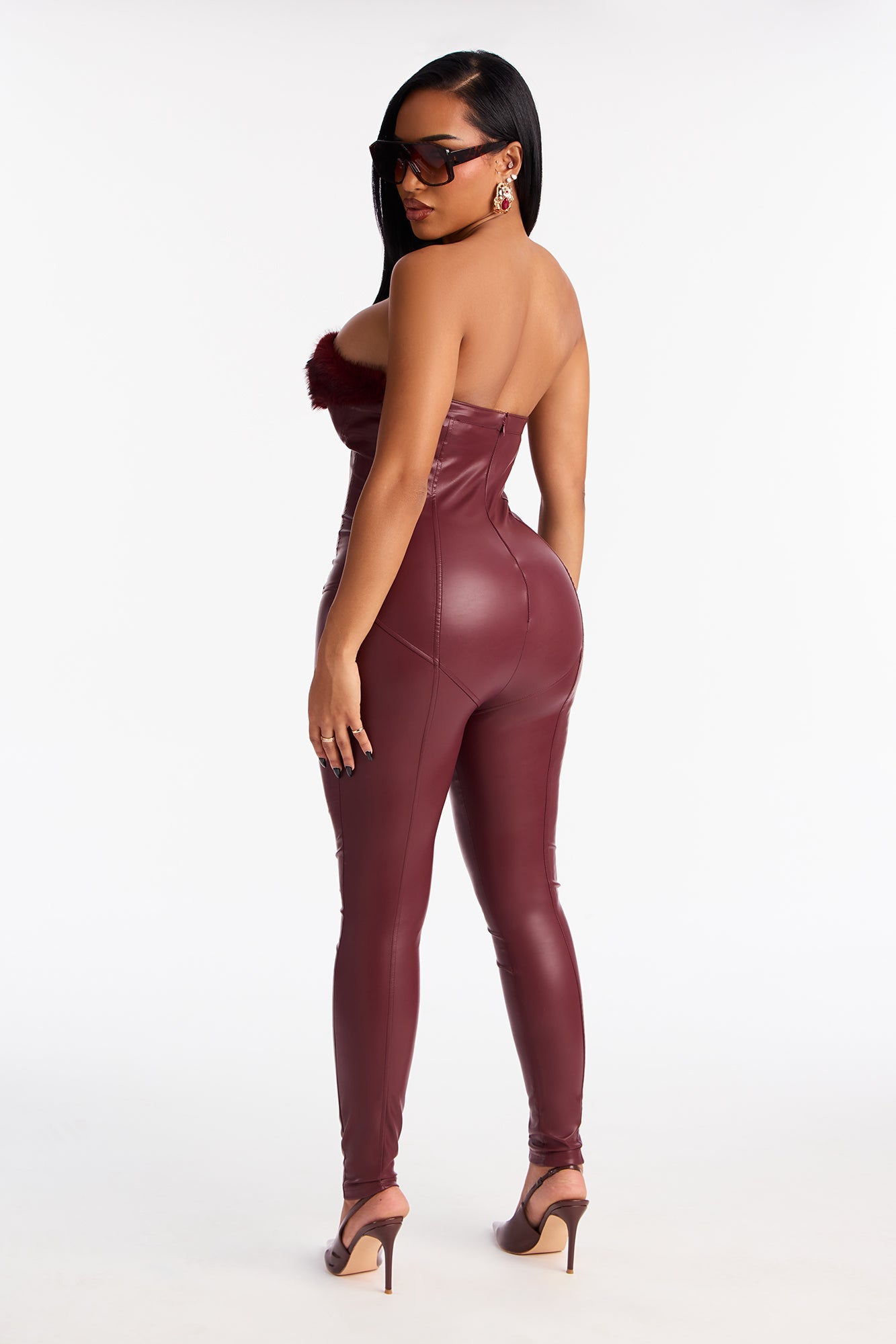 Viktoria Faux Leather Fur Trim Skinny Leg Jumpsuit - Burgundy
