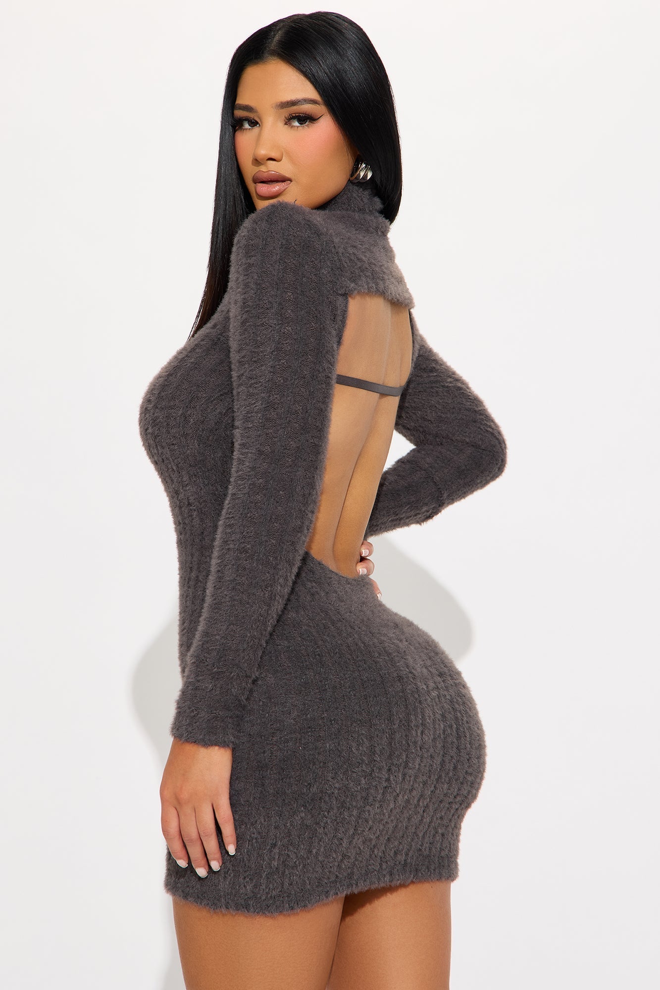 Mila Backless Sweater Mini Dress - Charcoal