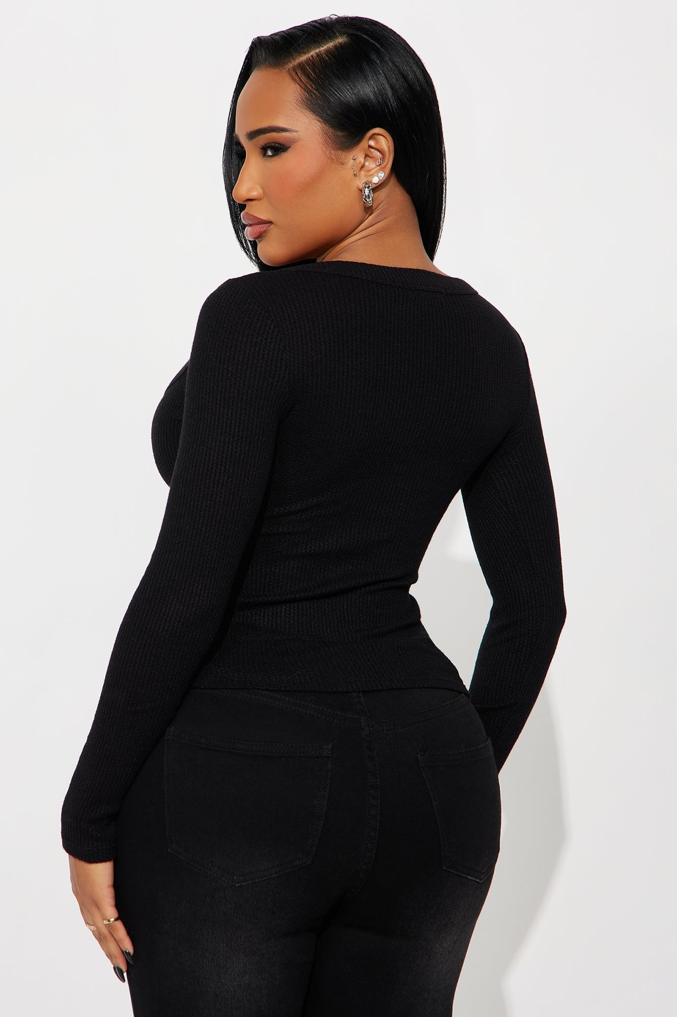 Serena Henley Ribbed Basic Top - Black