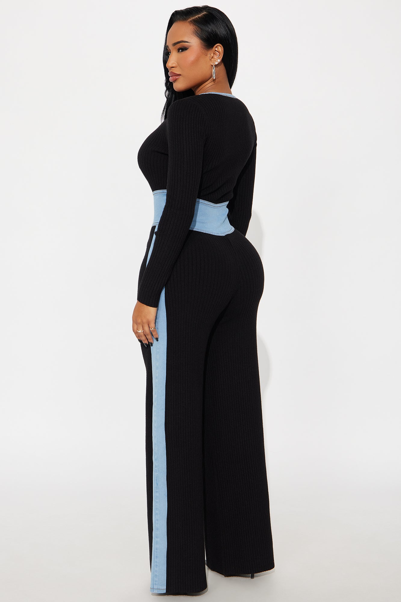 Amaya Denim Mix Wide Leg Jumpsuit - Black