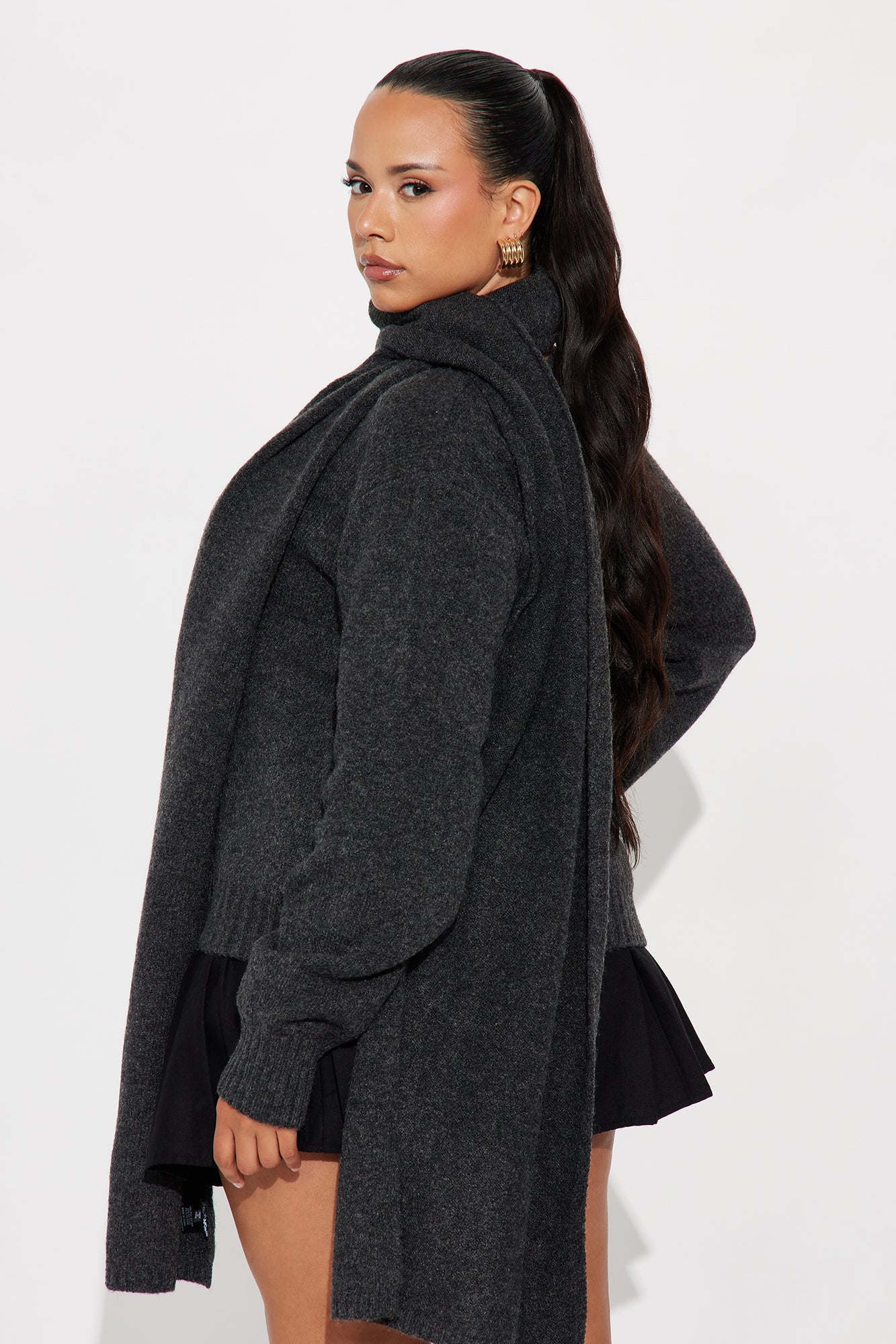 She's Golden 2 Piece Scarf Sweater Set - Charcoal