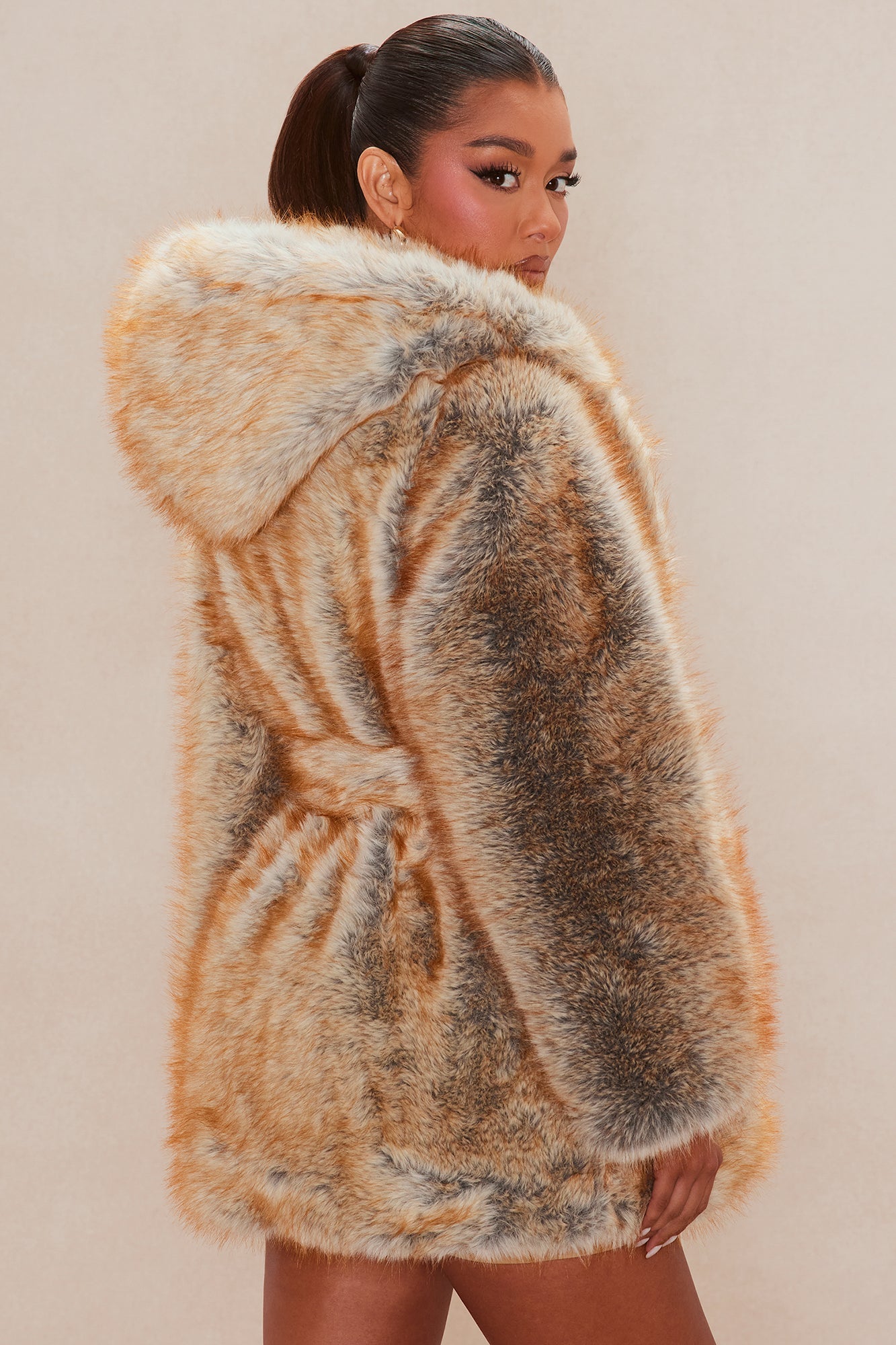 Raven Faux Fur Belted Jacket - Camel/combo