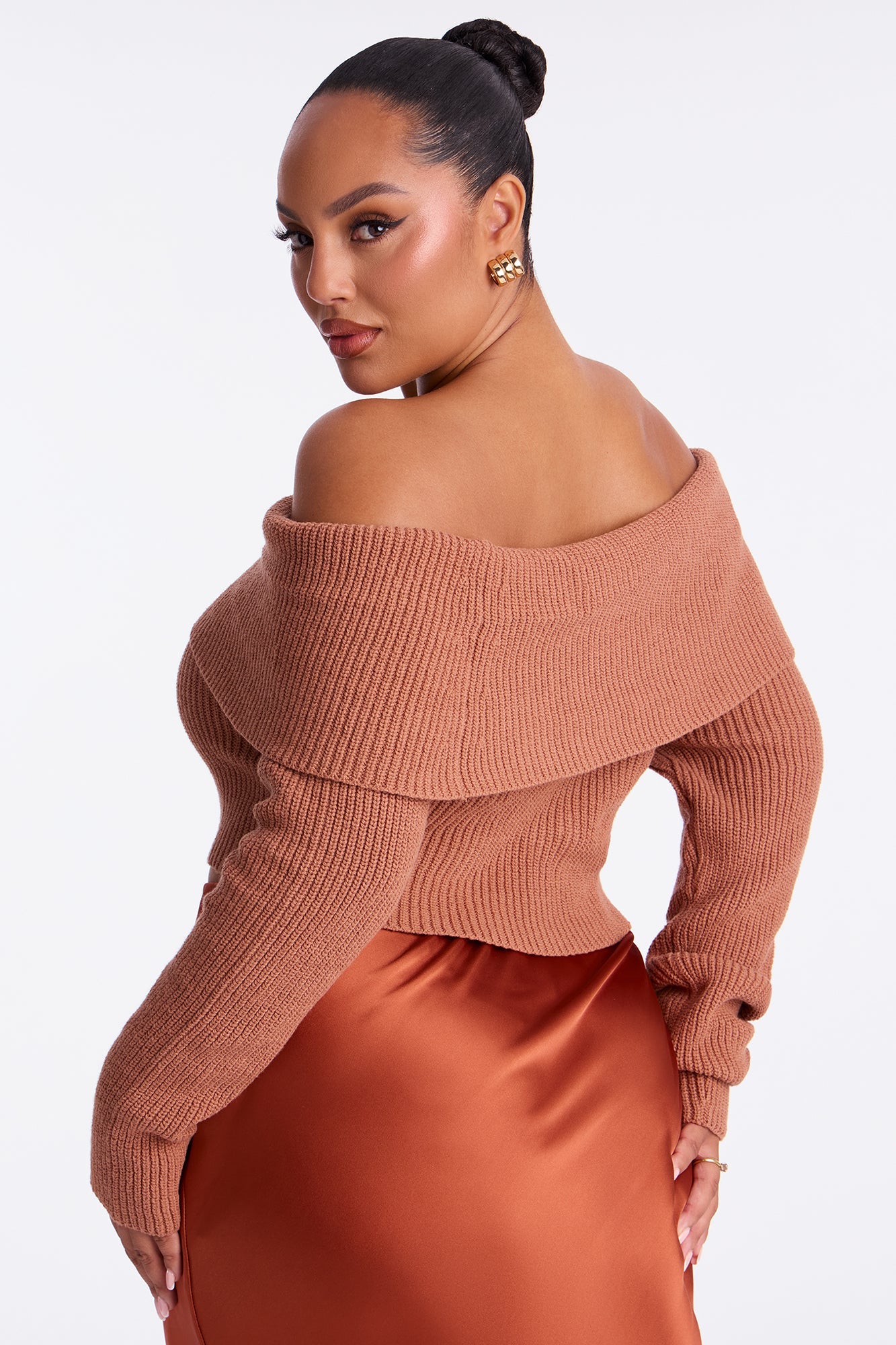 City Chic Off Shoulder Sweater - Mocha