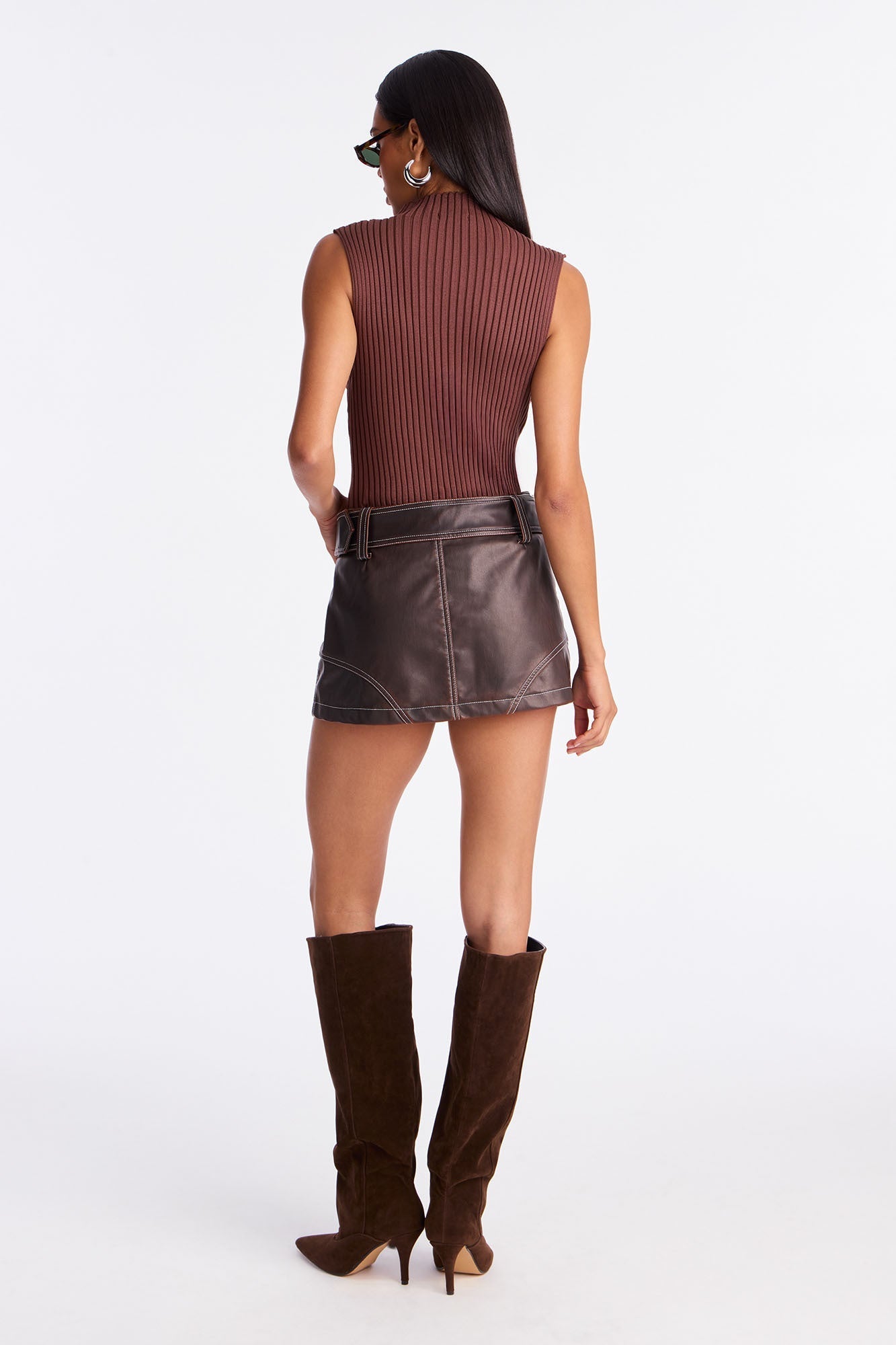 Your New Obsession Belted Faux Leather Micro Mini Skort - Brown