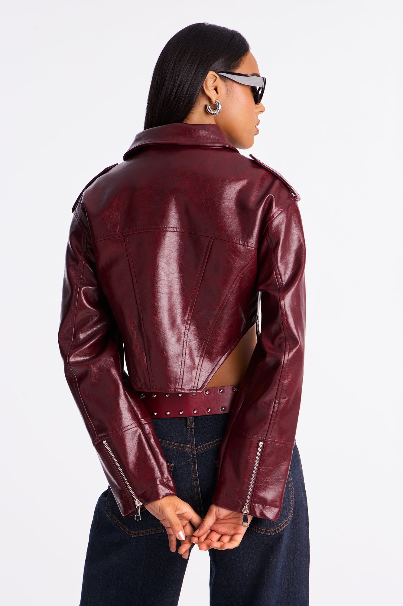 Talk Is Cheap Faux Patent Leather Moto Jacket - Burgundy