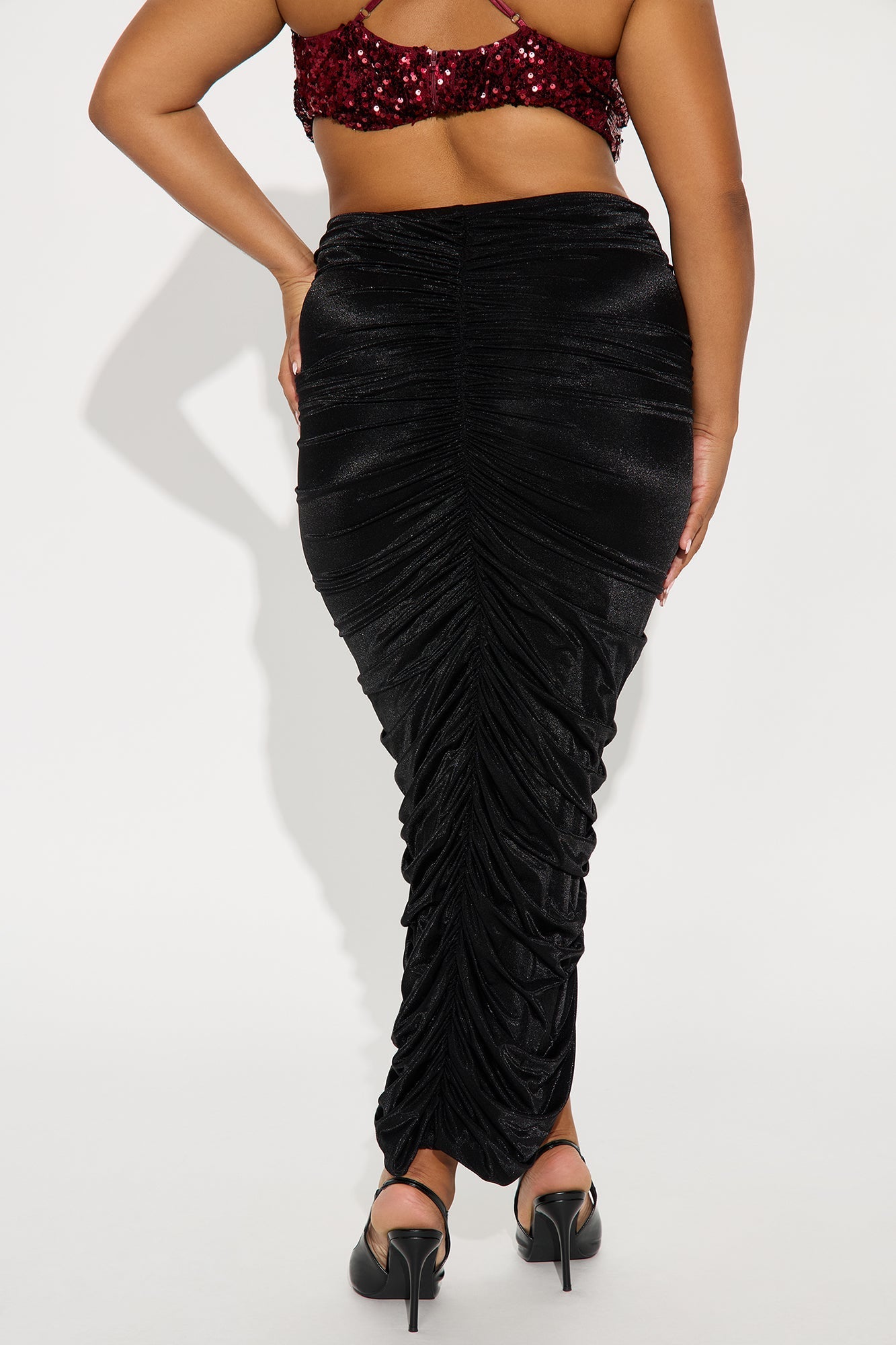 My Time To Shine Ruched Shimmer Midi Skirt - Black