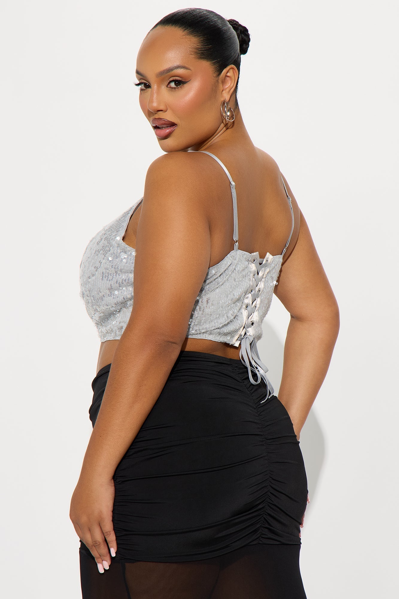 Star Blaze Lace Up Sequin Top - Grey