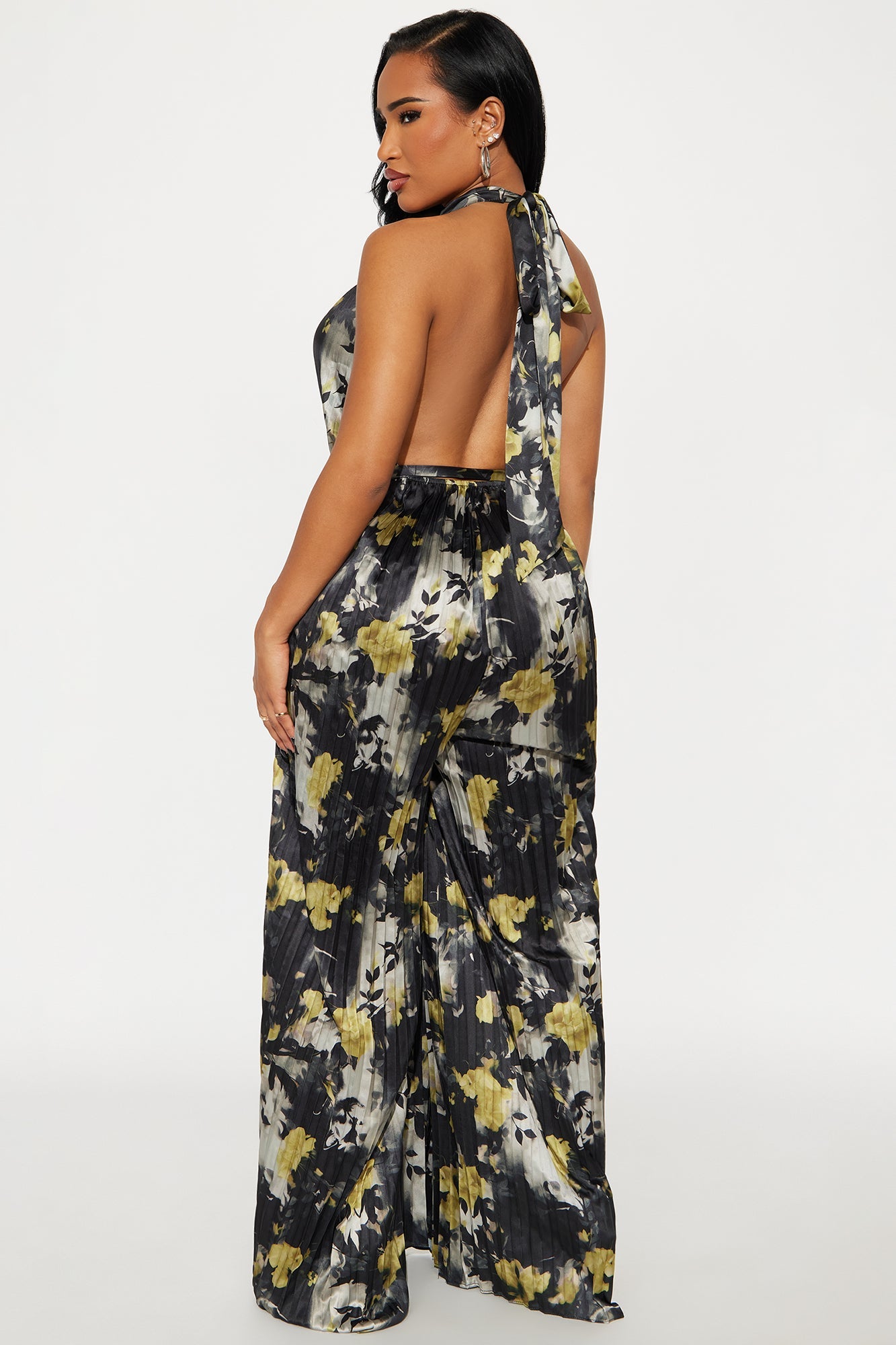 So Fancy Floral Satin Halter Jumpsuit - Black/combo