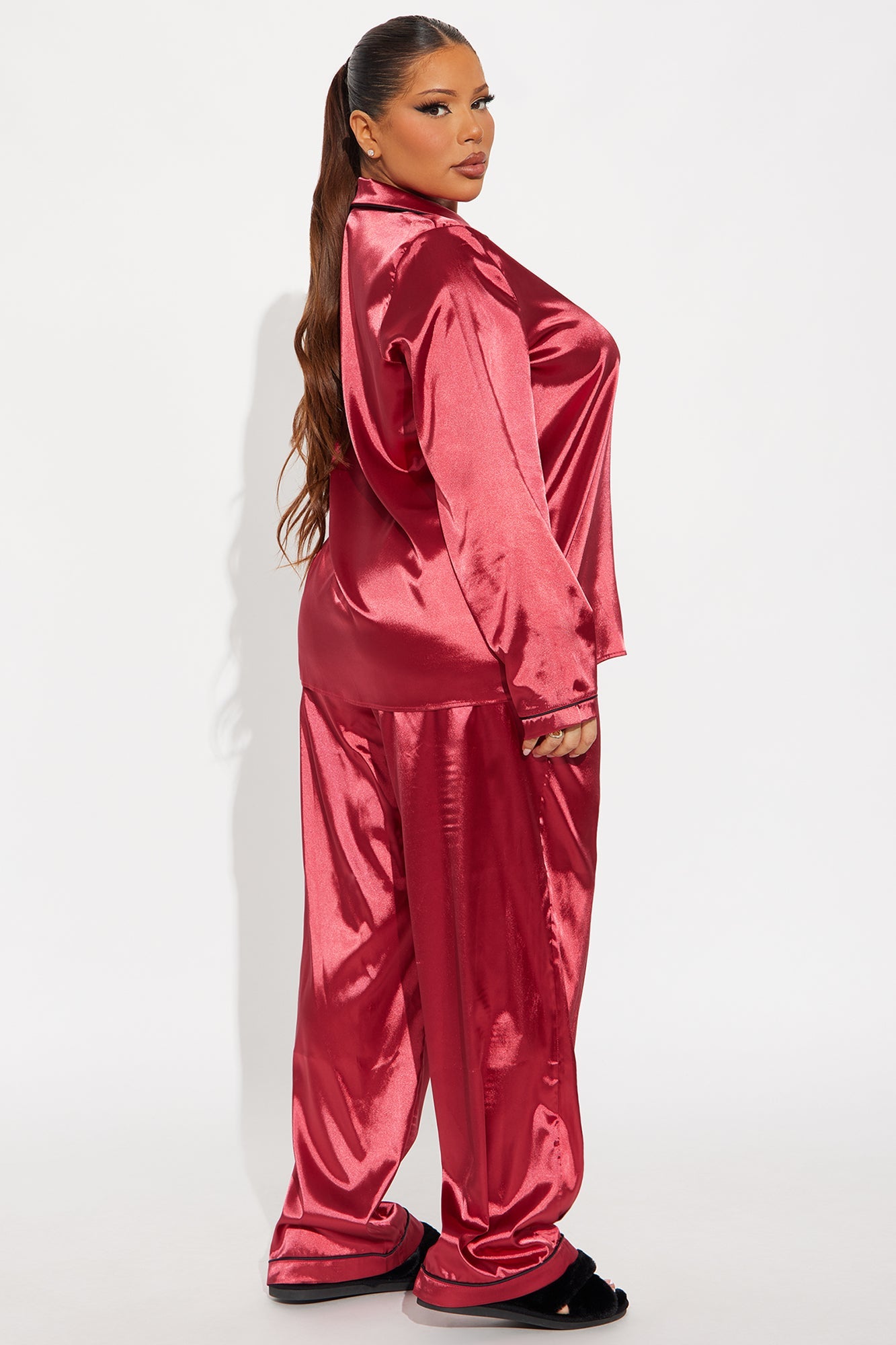 Bedtime Stretch Satin Long Sleeve PJ Pant Set - DarkRed