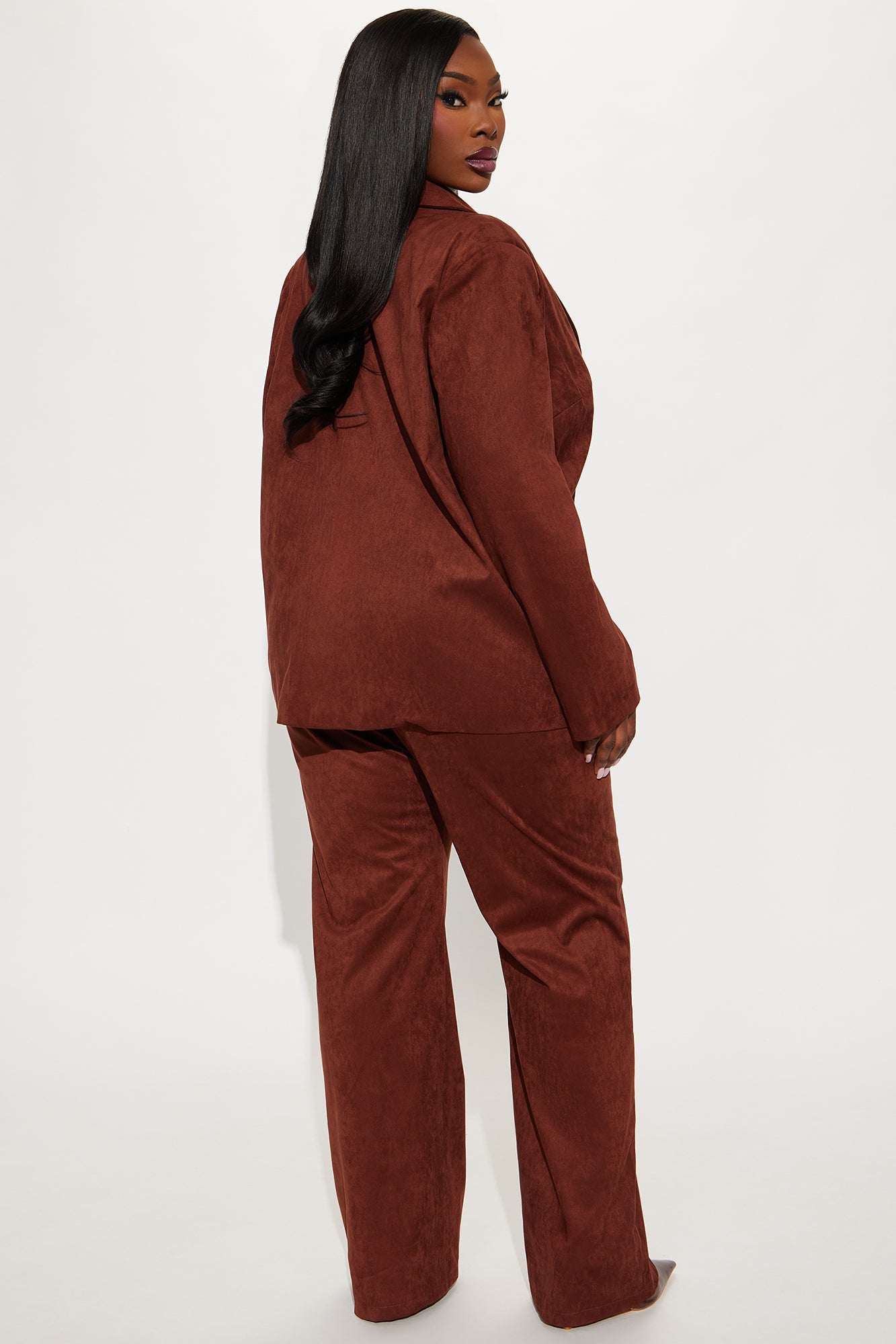 Heather Blazer Faux Suede Pant Set - Brown