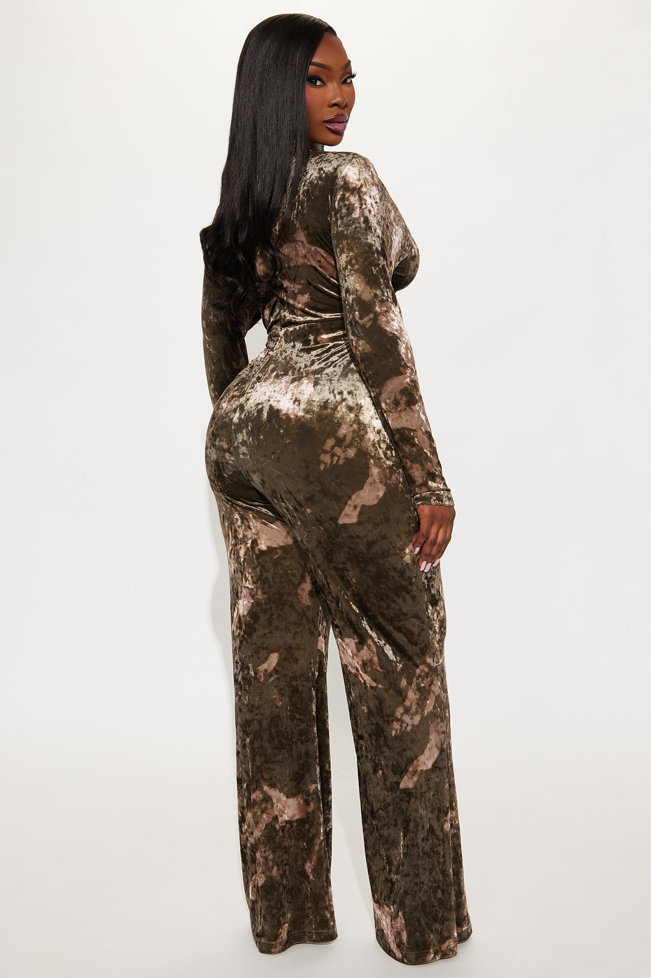 Rhianna Ruched Velvet Jumpsuit - Olive/combo