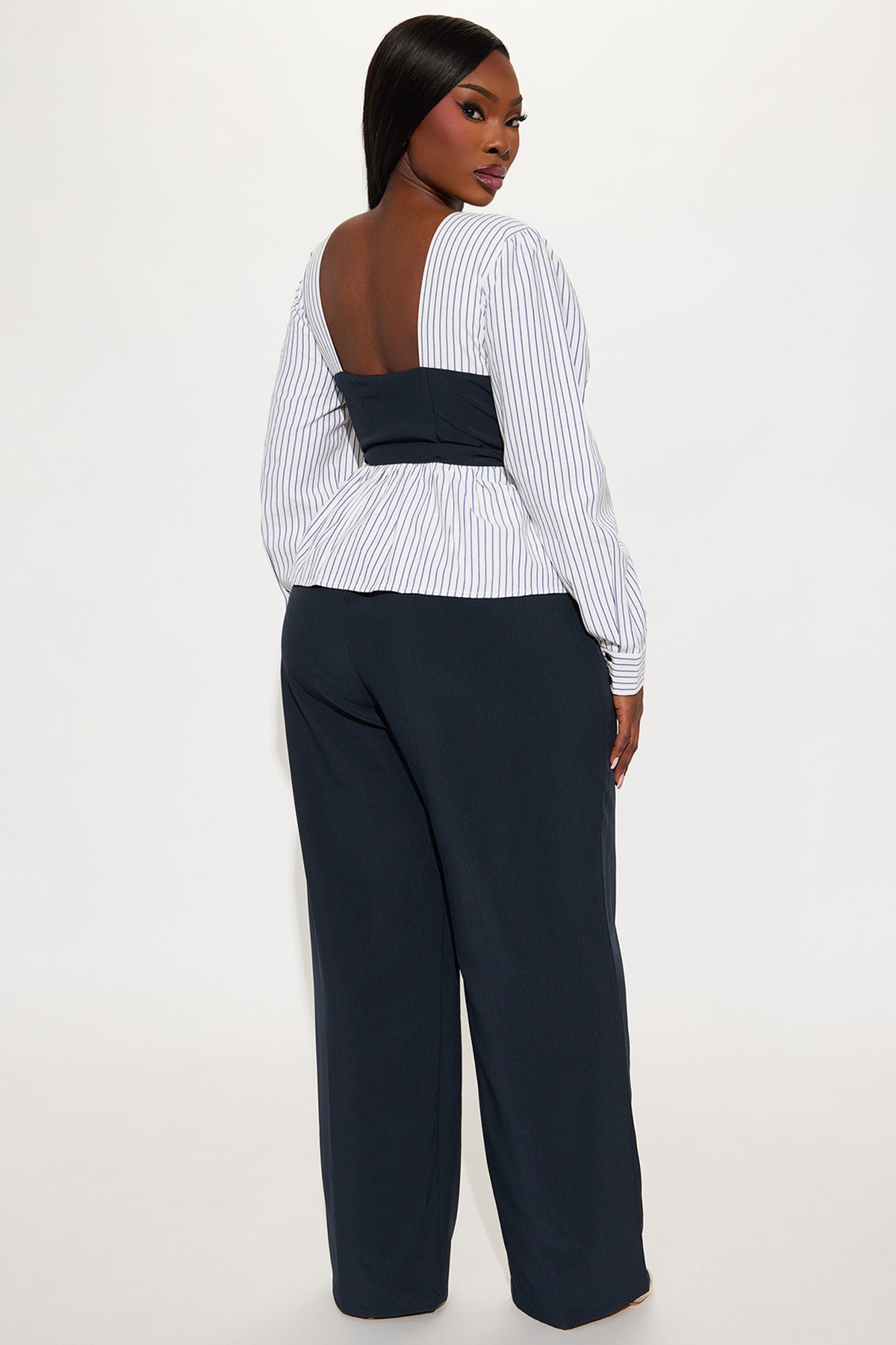 Nina Pinstripe Wide Leg Pant Set - Navy