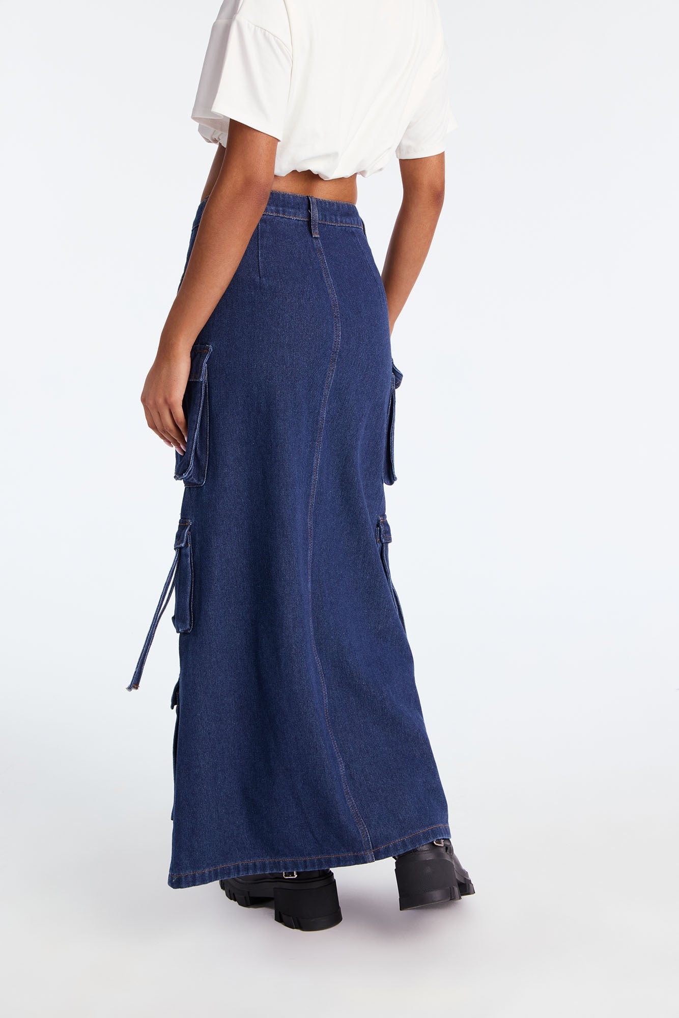 Out Of Town Cargo Denim Maxi Skirt - Rinse Blue Wash