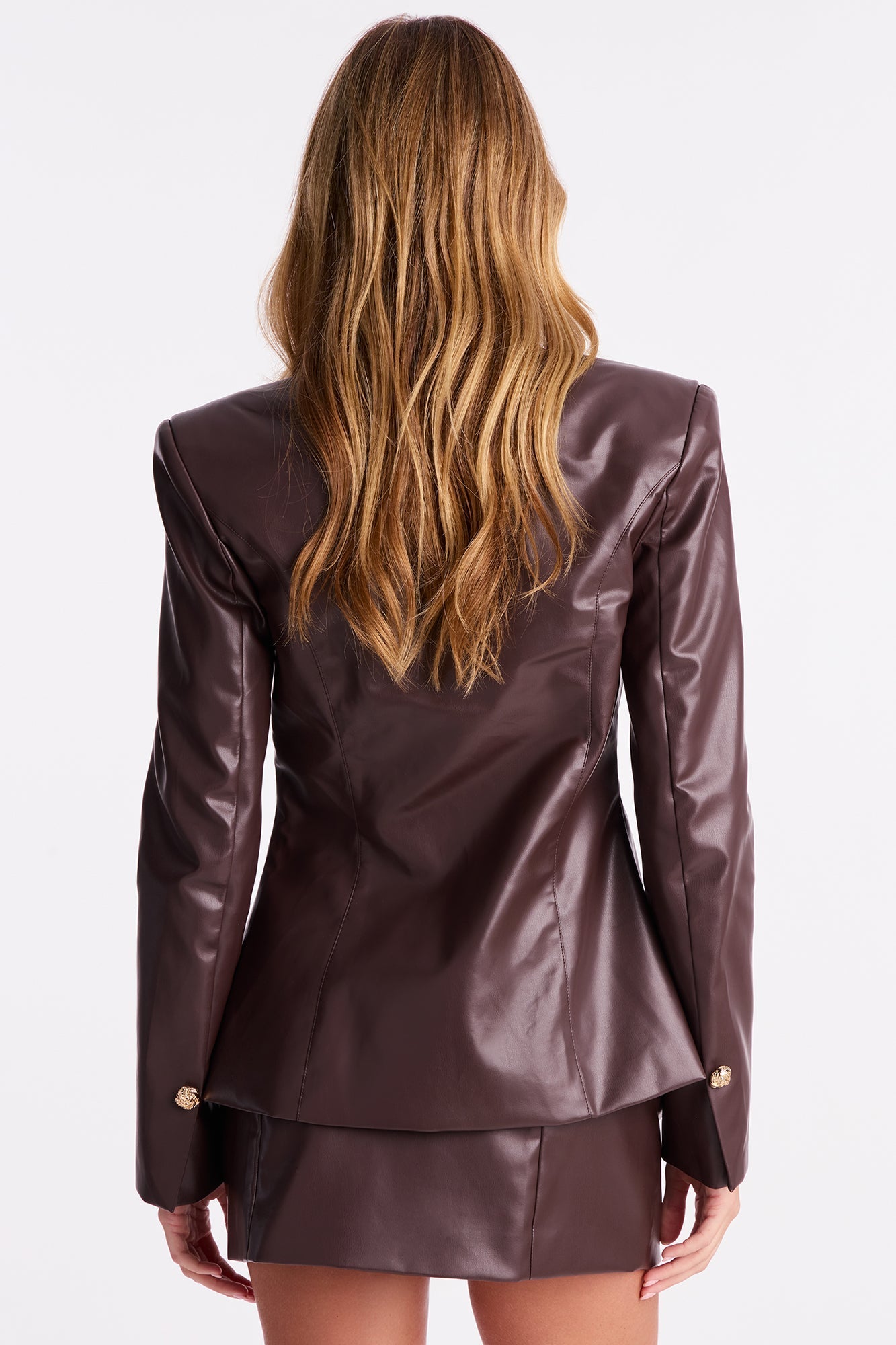 Power Player Faux Leather Blazer Skirt Set - Chocolate