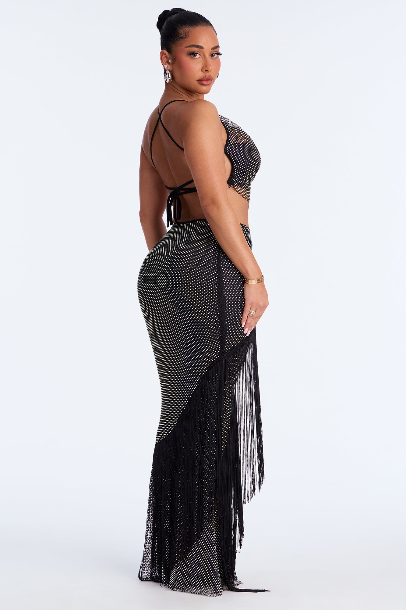 In My Element Embellished Fishnet Maxi Skirt Set - Black