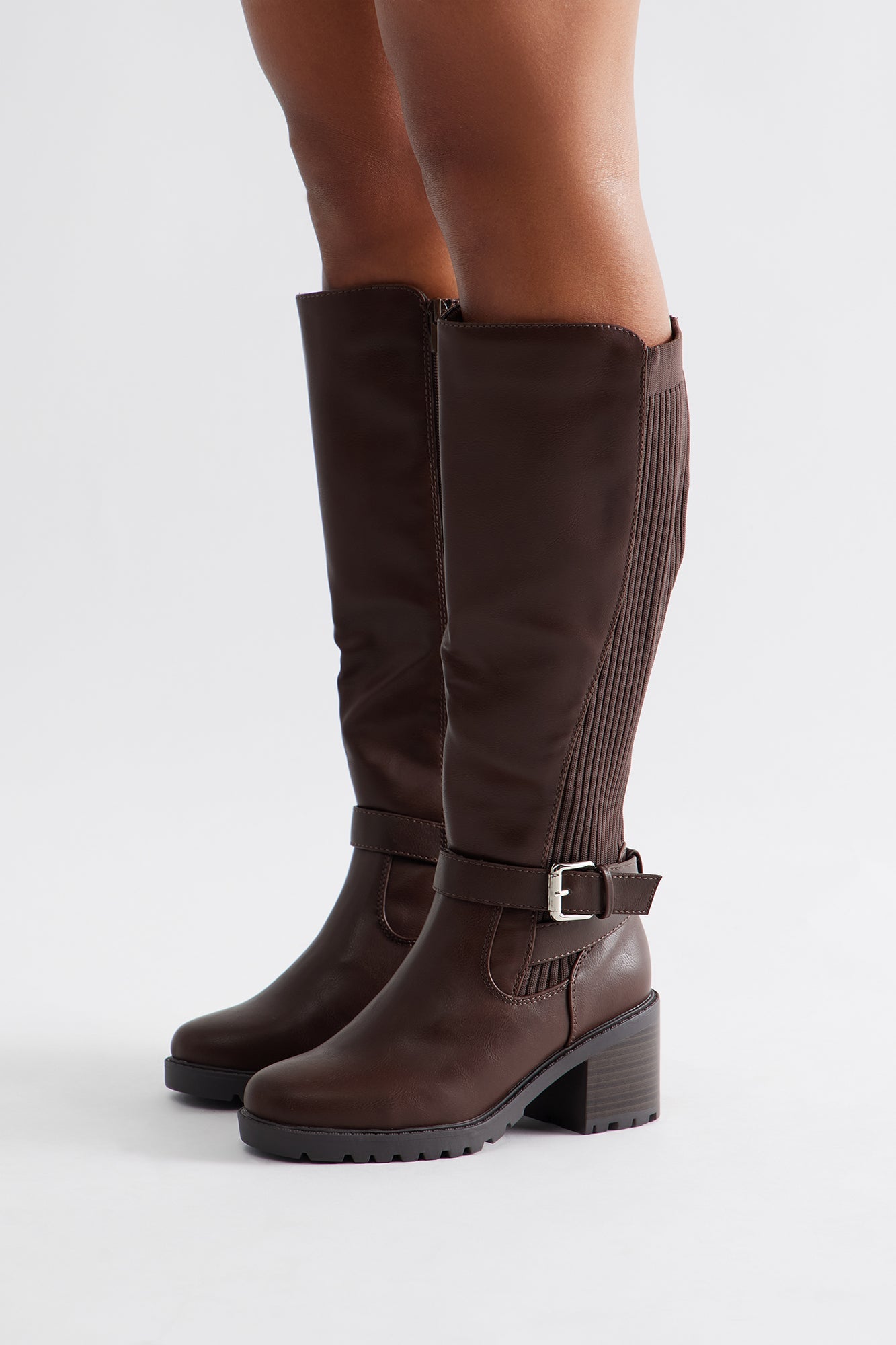 Daya Buckle Knee High Boots - Brown