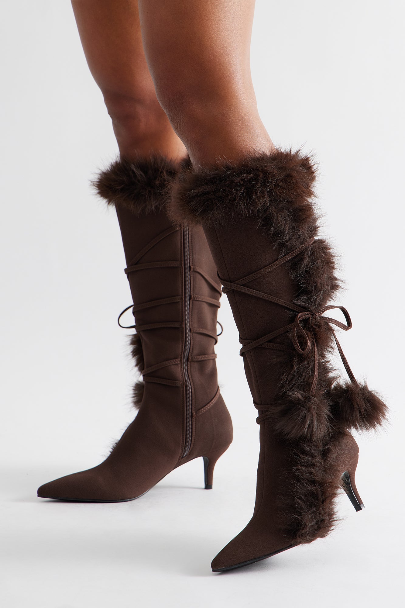 Pompom Faux Fur Boots - Chocolate