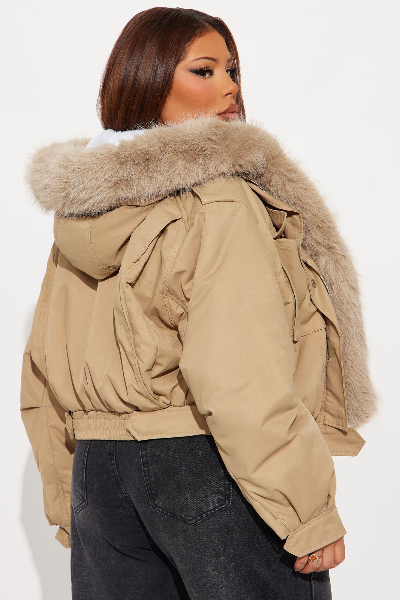Burr Effect Cropped Fur Trim Puffer Jacket - Khaki