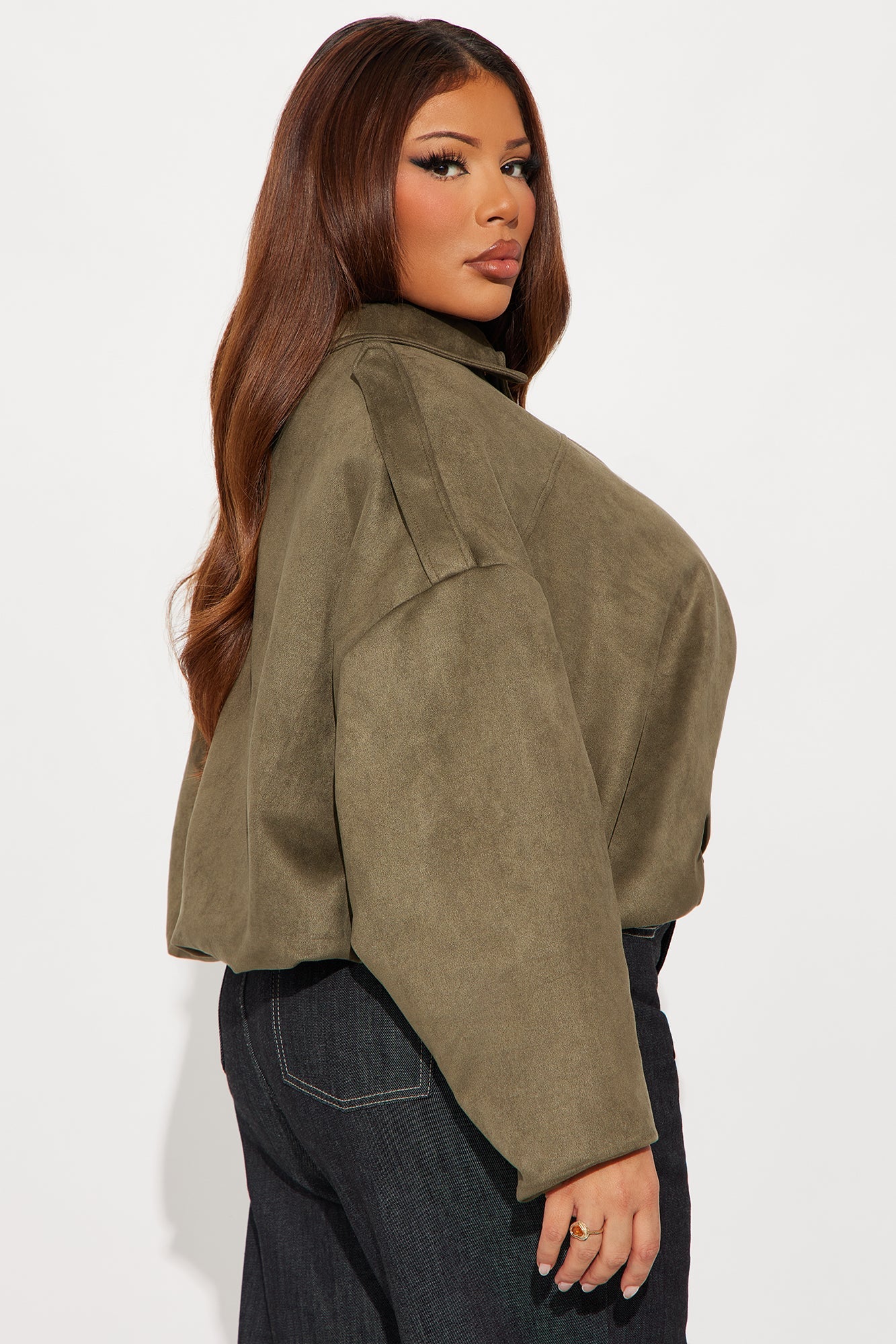 Harlowe Oversized Faux Suede Jacket - Olive