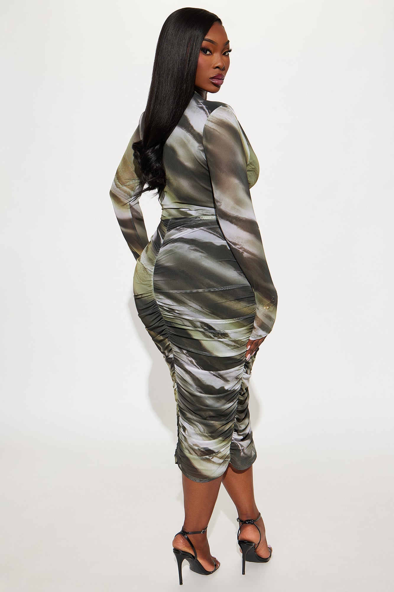 Tamara Long Sleeve Tie Dye Mesh Midi Dress - Olive/combo