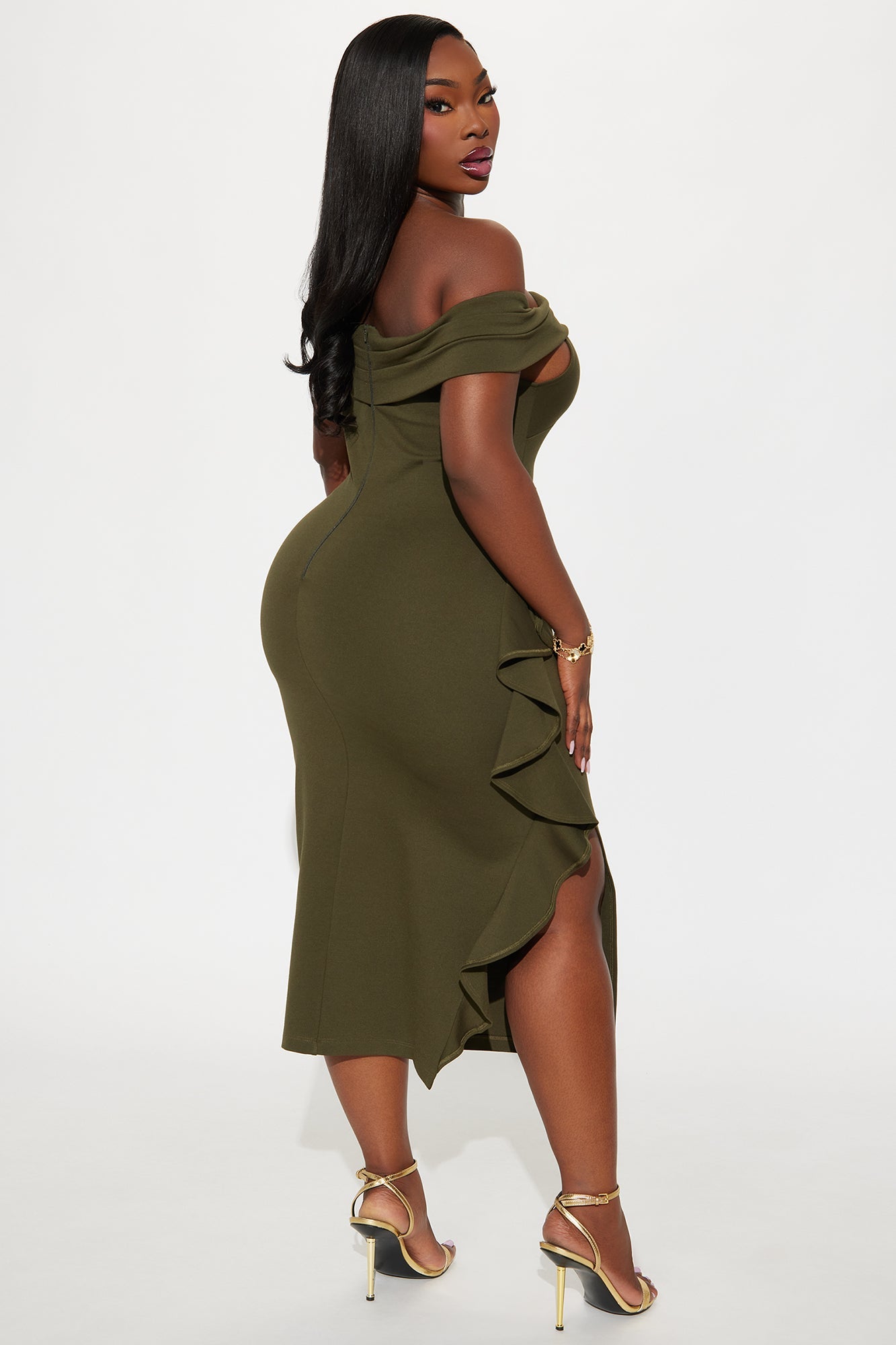 Jeanne Off Shoulder Ponte Midi Dress - Olive
