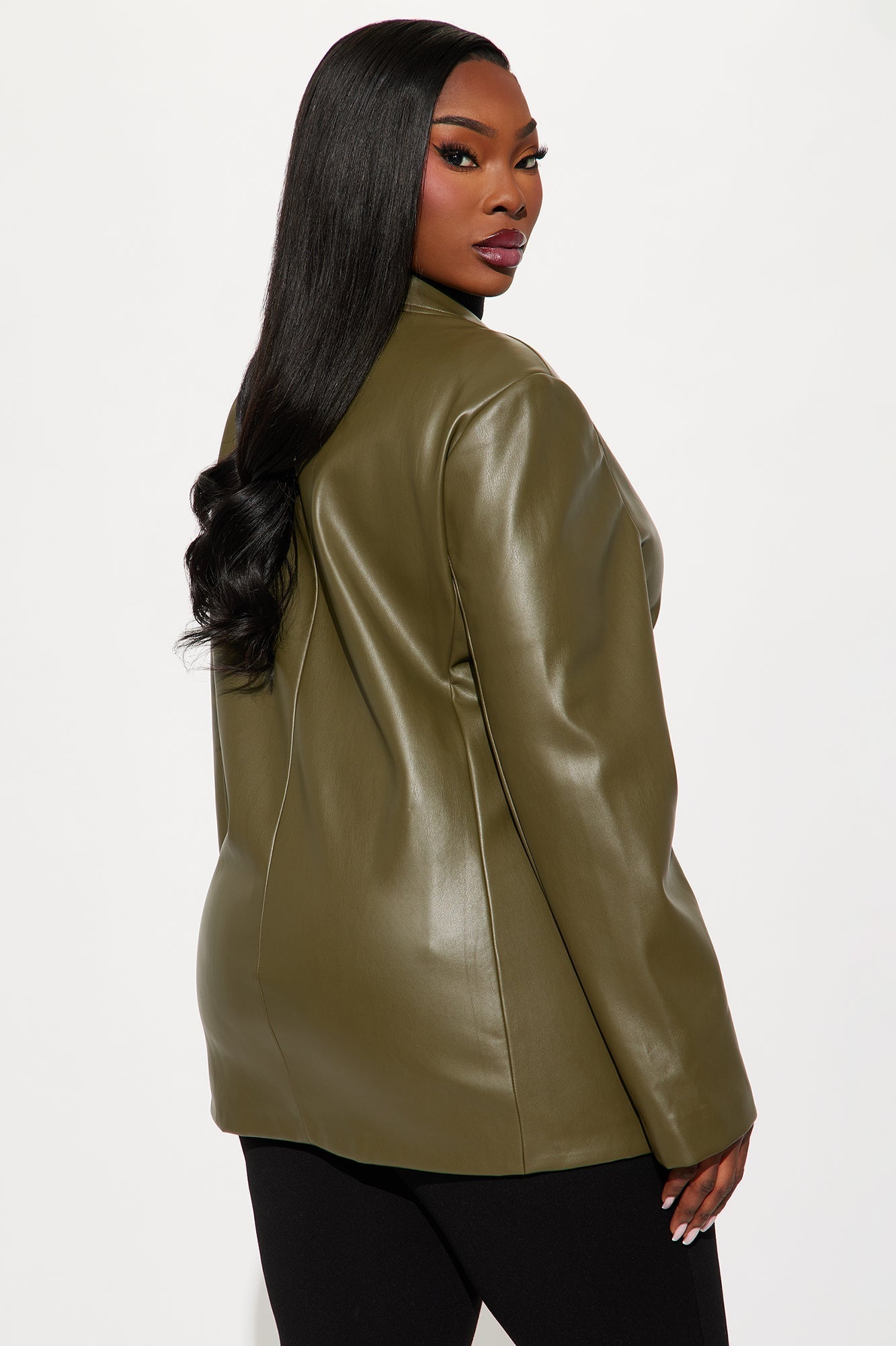 Ameli Oversized Faux Leather Blazer - Olive