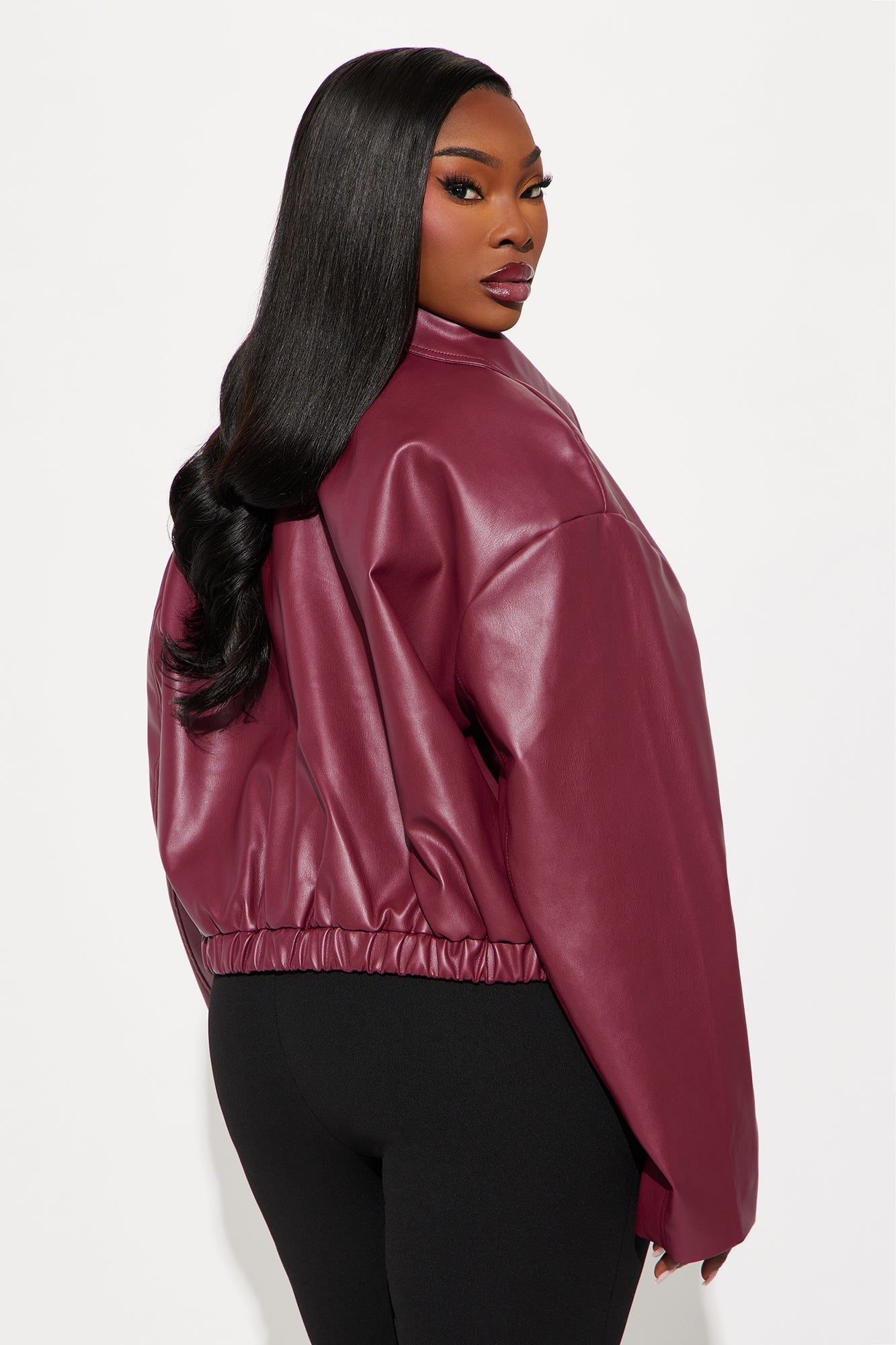 Iman It Girl Faux Leather Bomber Jacket - Burgundy
