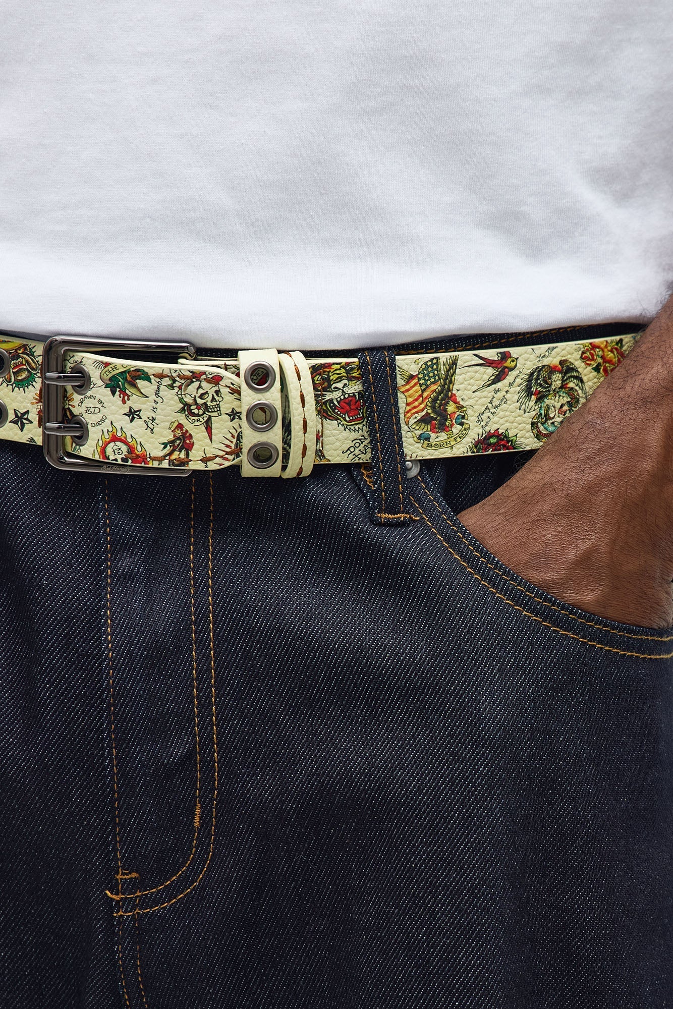 Ed Hardy Tattoo Faux Leather Grommet Belt - Tan/Multi