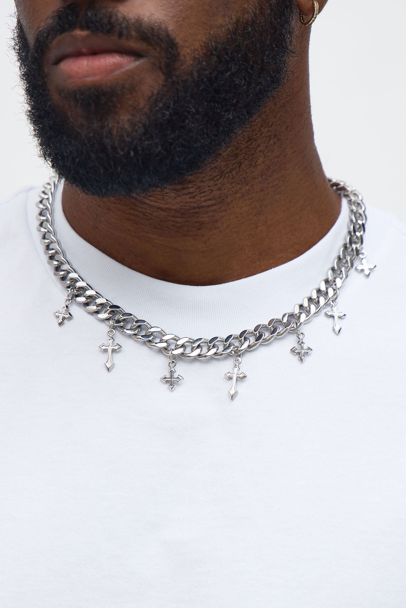 Seven Cross Charm Cuban Link Necklace - Silver