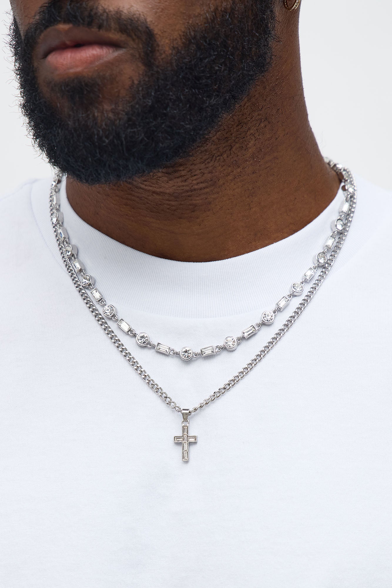 Baguette Cross Necklace Set - Silver