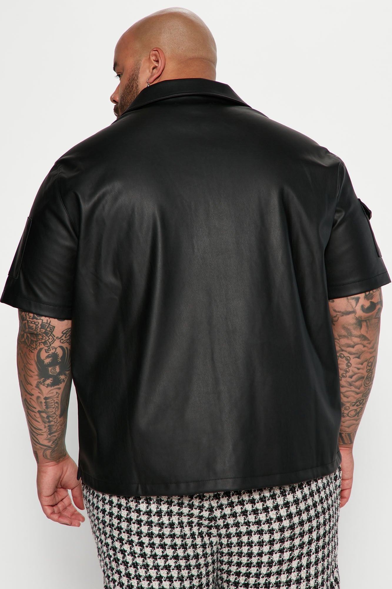 Utility Faux Leather Short Sleeve Button Up Shirt - Black