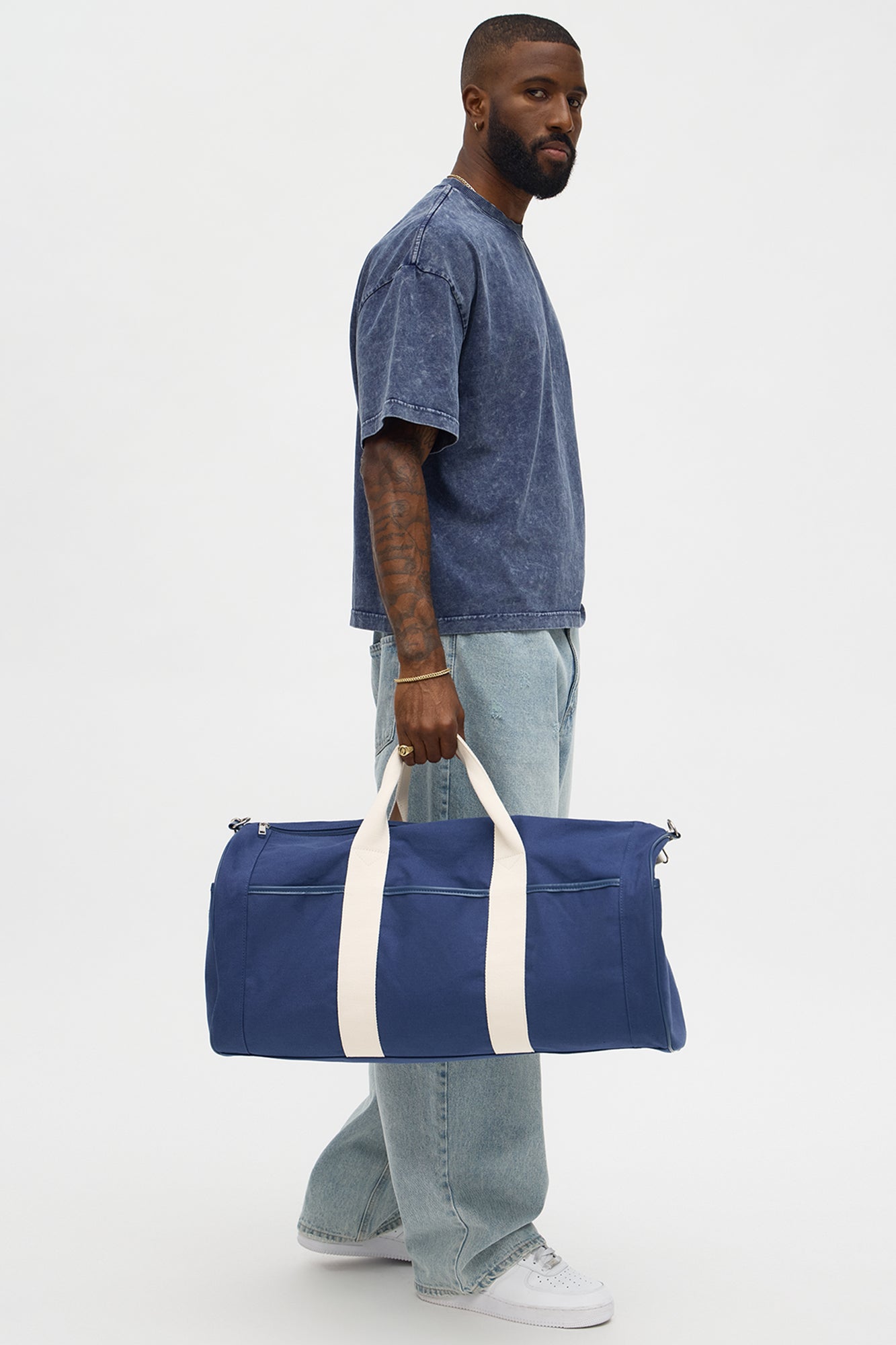 Varsity Canvas Barrel Duffle Bag - Navy