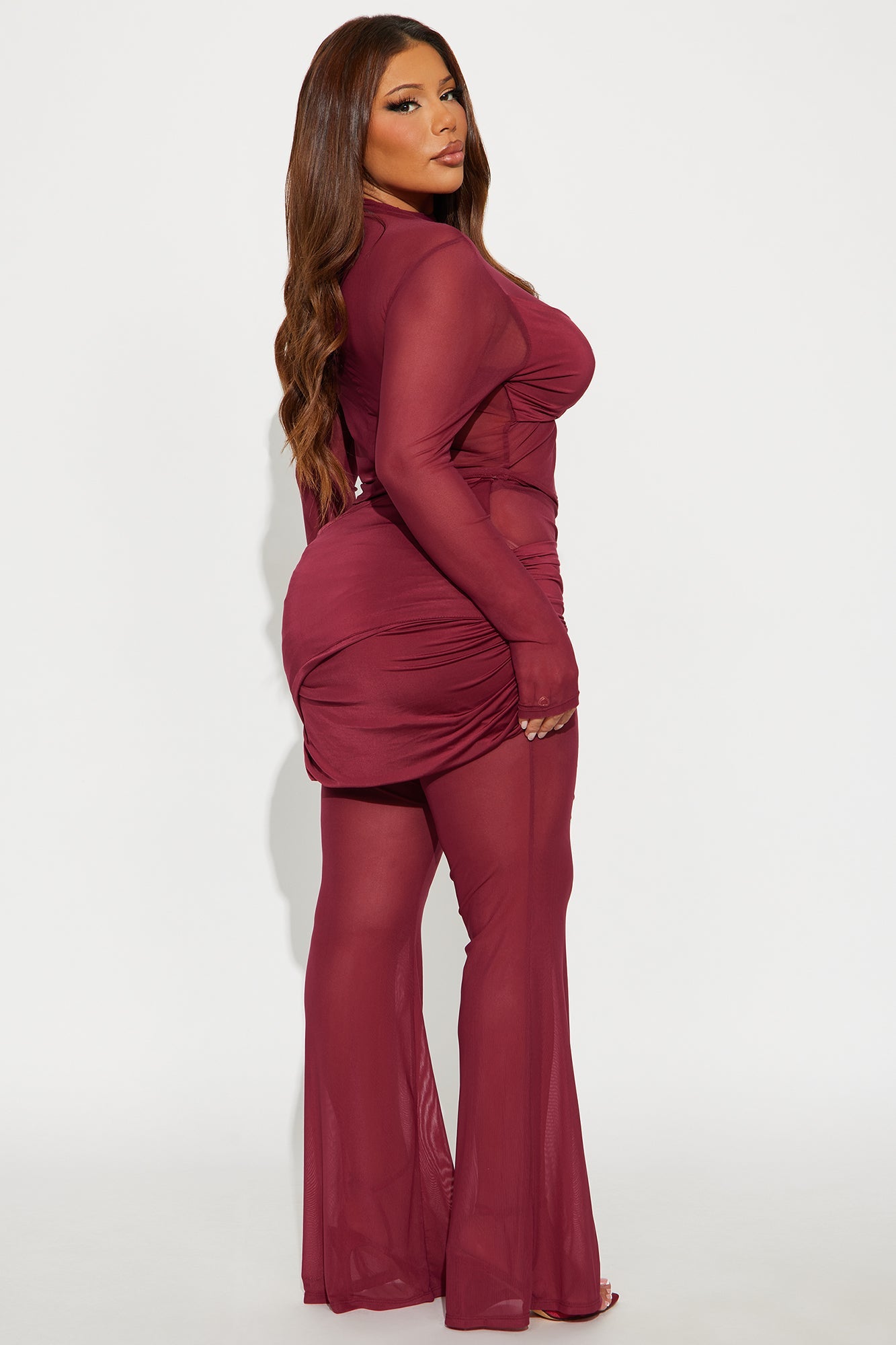 Lara Ruched Mesh Pant Set - Burgundy