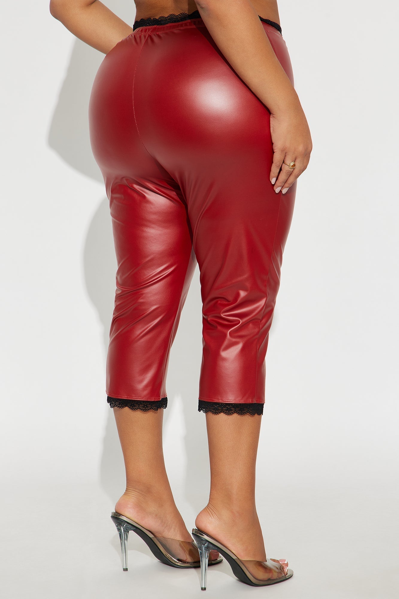 Valentina Faux Leather Lace Trim Capri Legging - Red