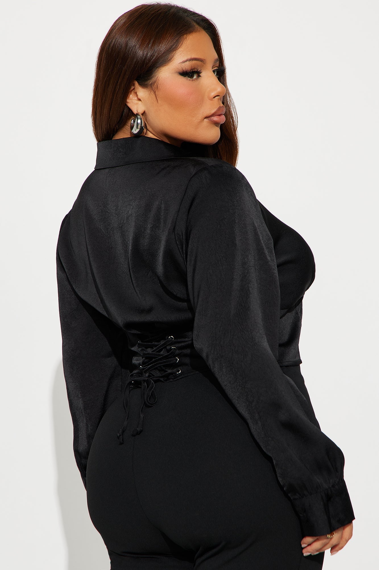 Only Exception Lace Up Satin Shirt - Black