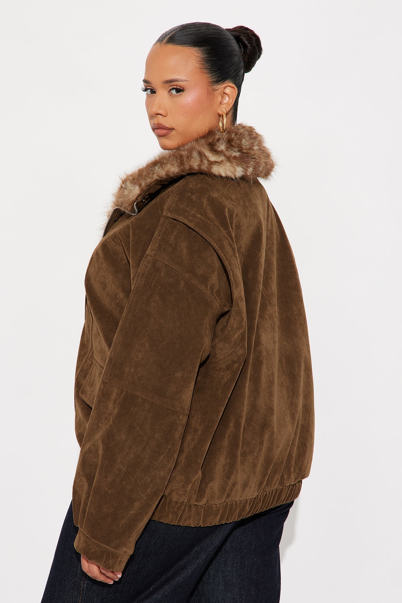 No Closure Faux Suede Oversized Jacket - Brown