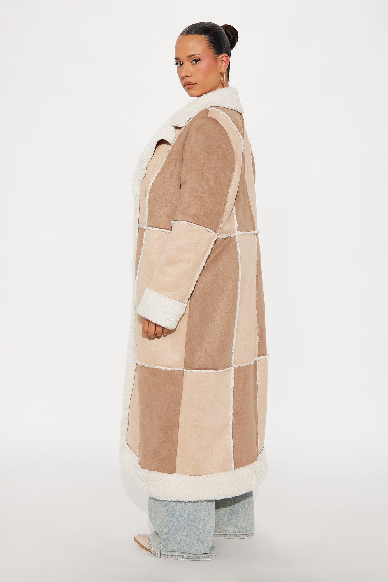 Sasha Patchwork Faux Suede Coat - Brown/combo