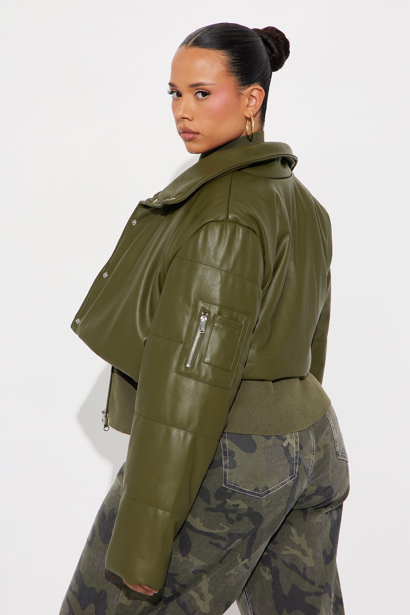 Demi Faux Leather Puffer Jacket - Olive