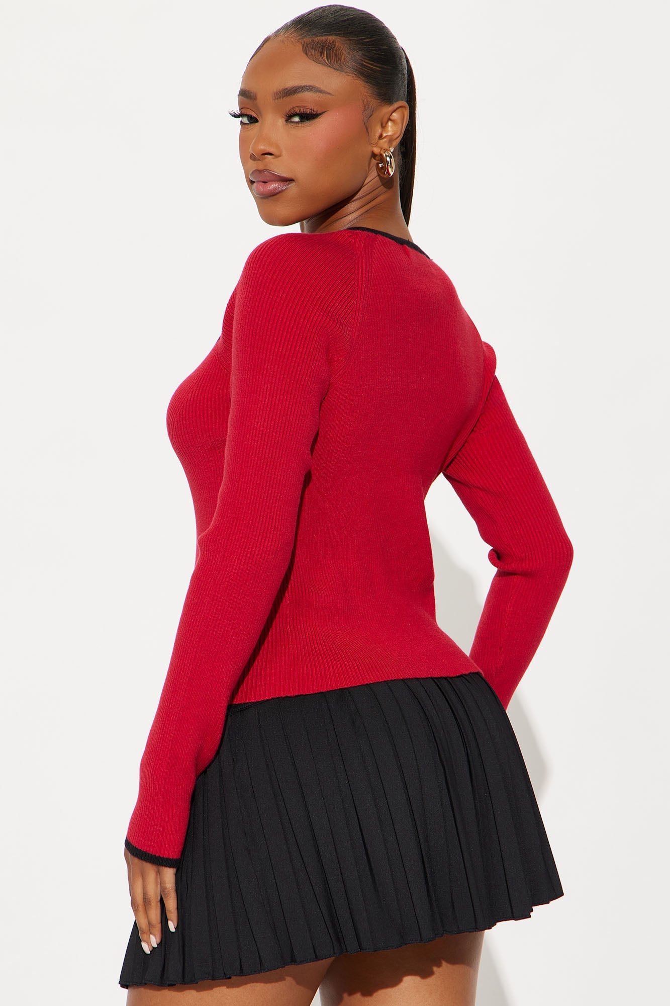 Cozy Inside Contrast Sweater Top - Red/Black