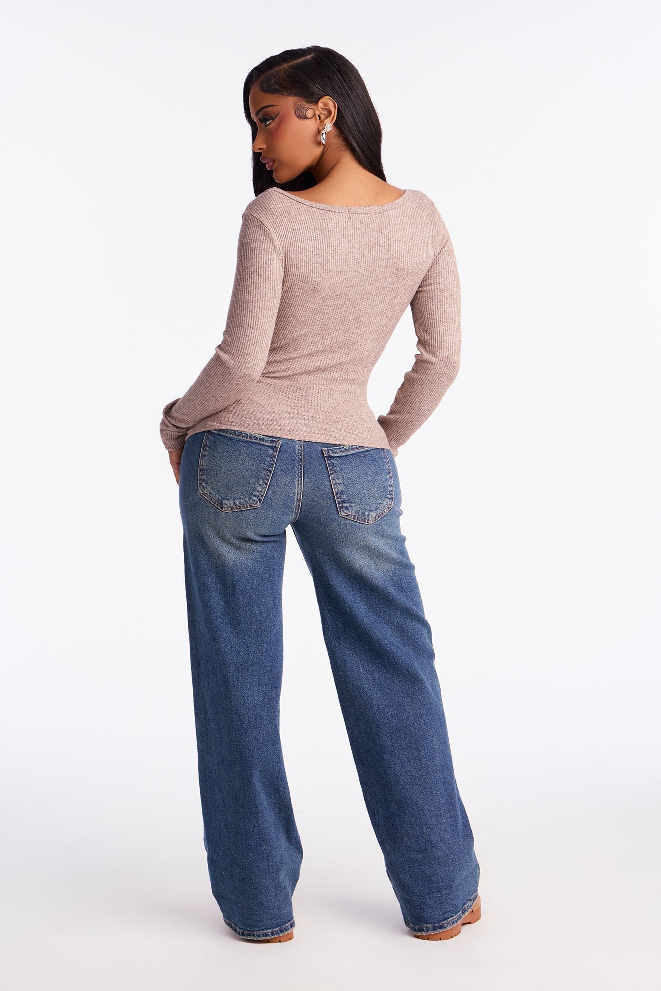 Jana Heathered Waffle Knit Long Sleeve Top - Heather Taupe