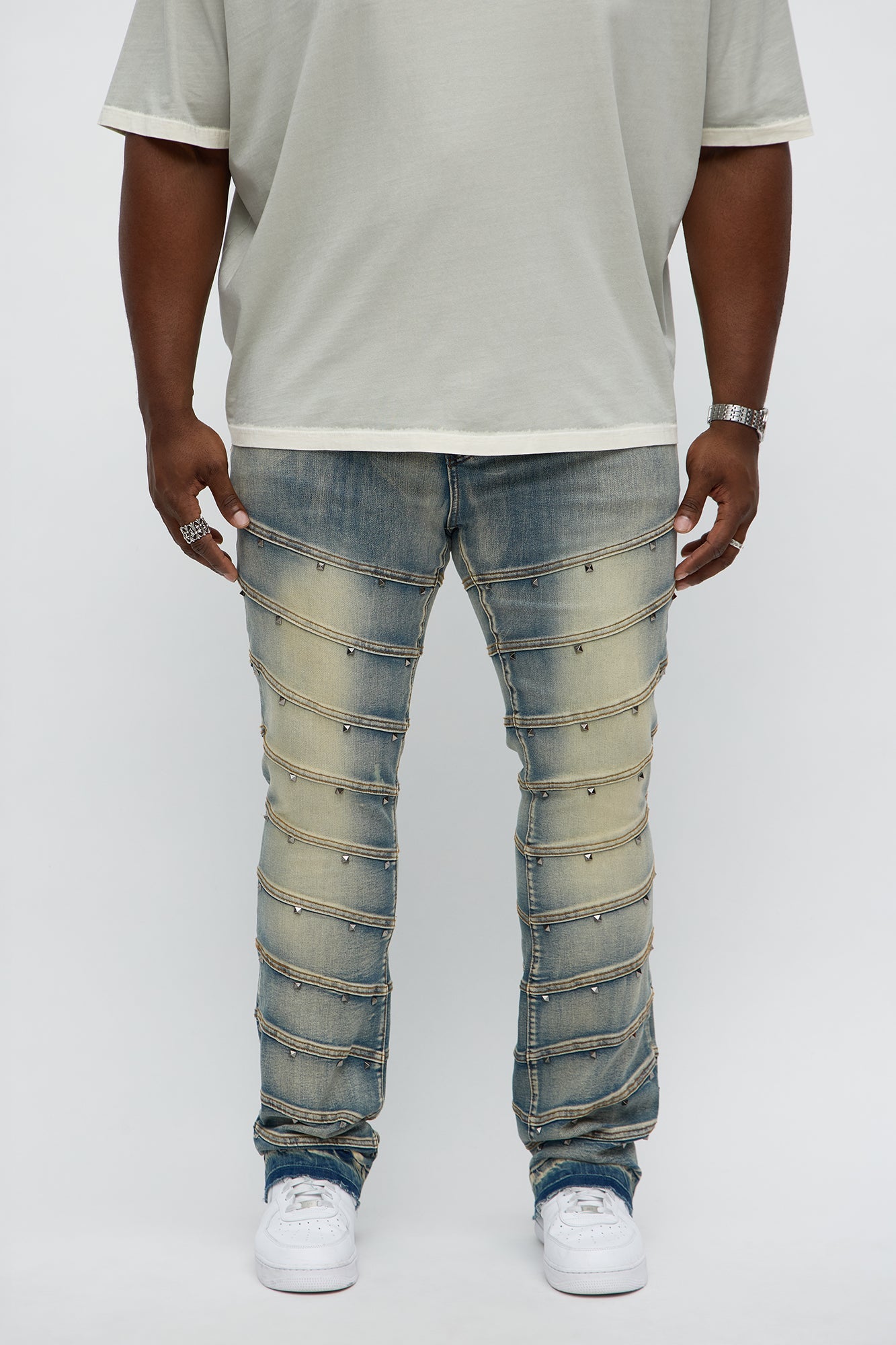 Stacked Skinny Flare Studded On Panels Jean - Vintage Blue Wash