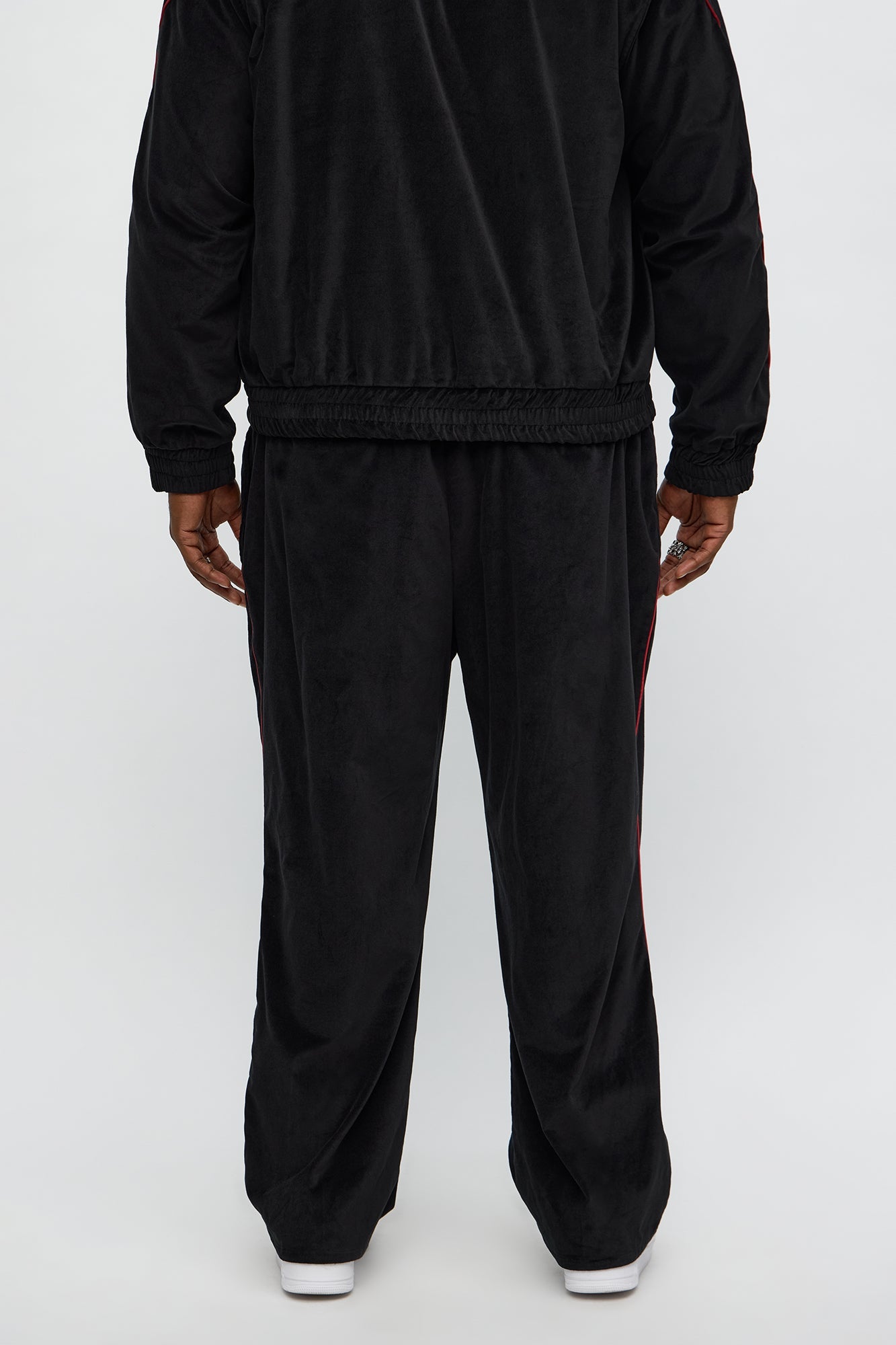 Straight Around The Track Faux Velour Piped Pant - Black