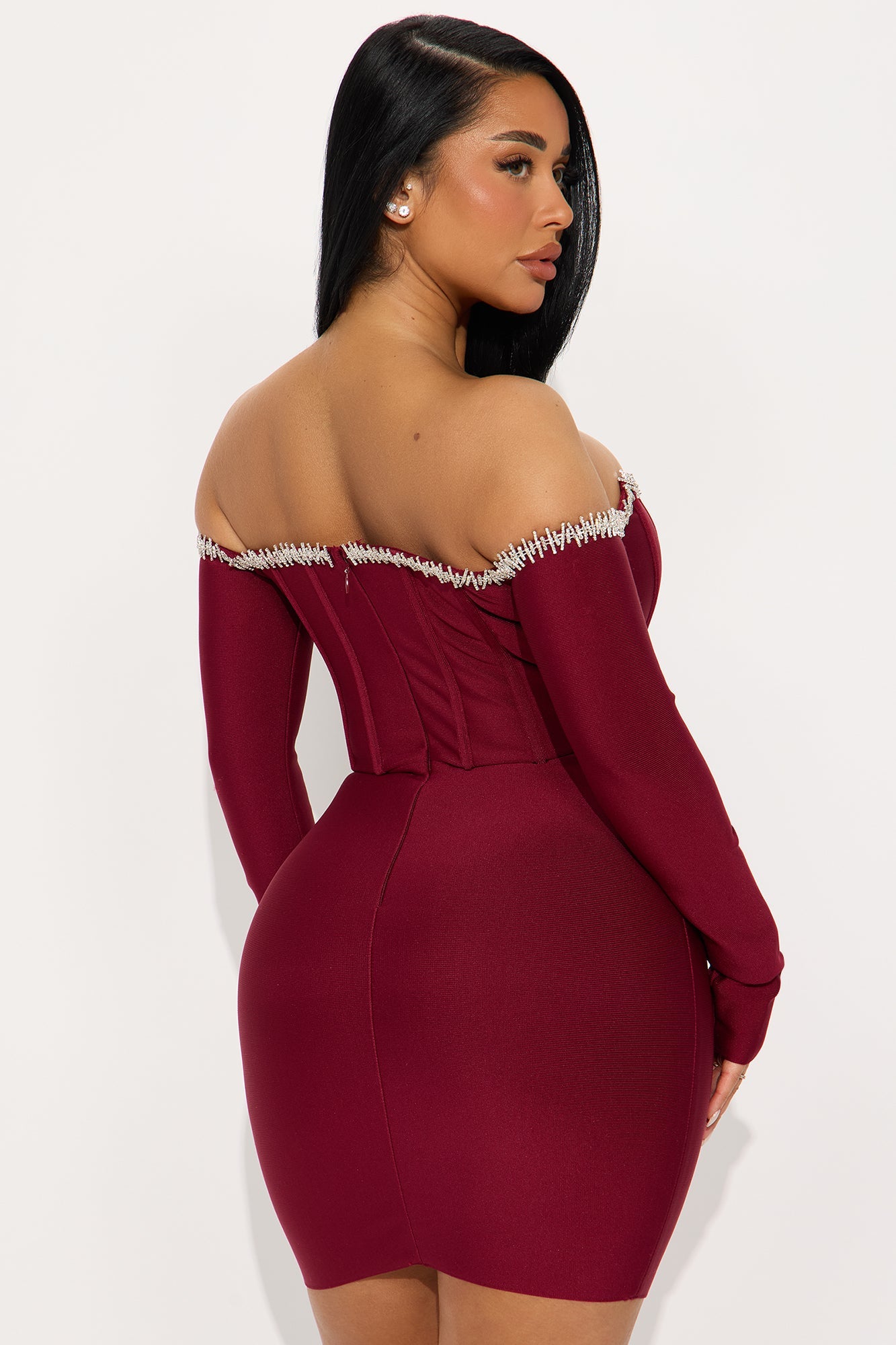 Regina Rhinestone Trim Bandage Mini Dress - Wine