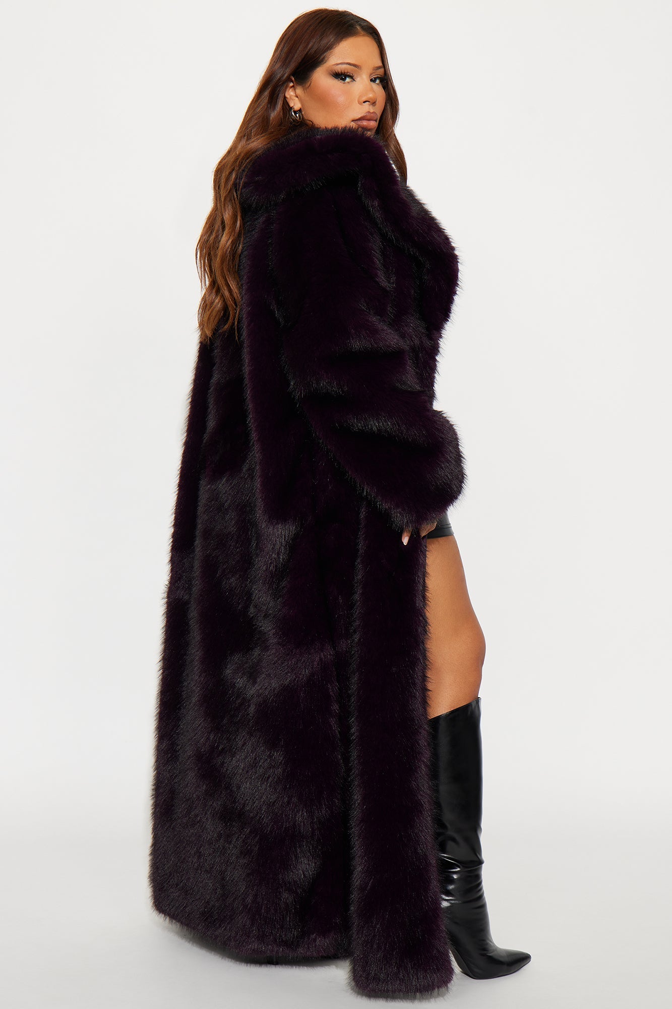 Bella Donna Two Tone Long Faux Fur Coat - Plum