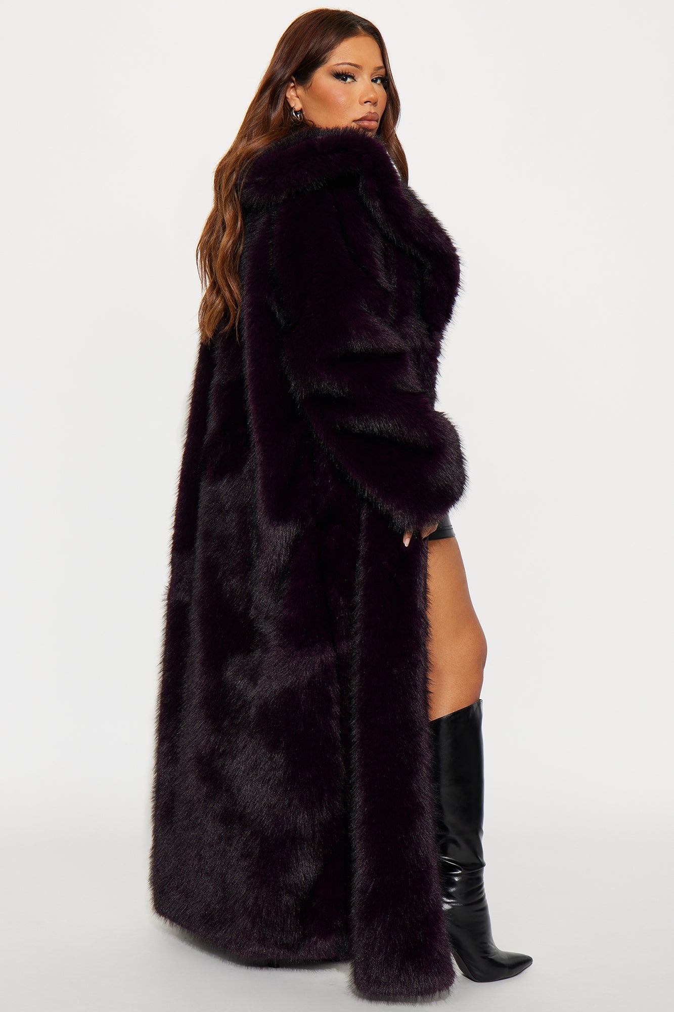 Bella Donna Two Tone Long Faux Fur Coat - Plum