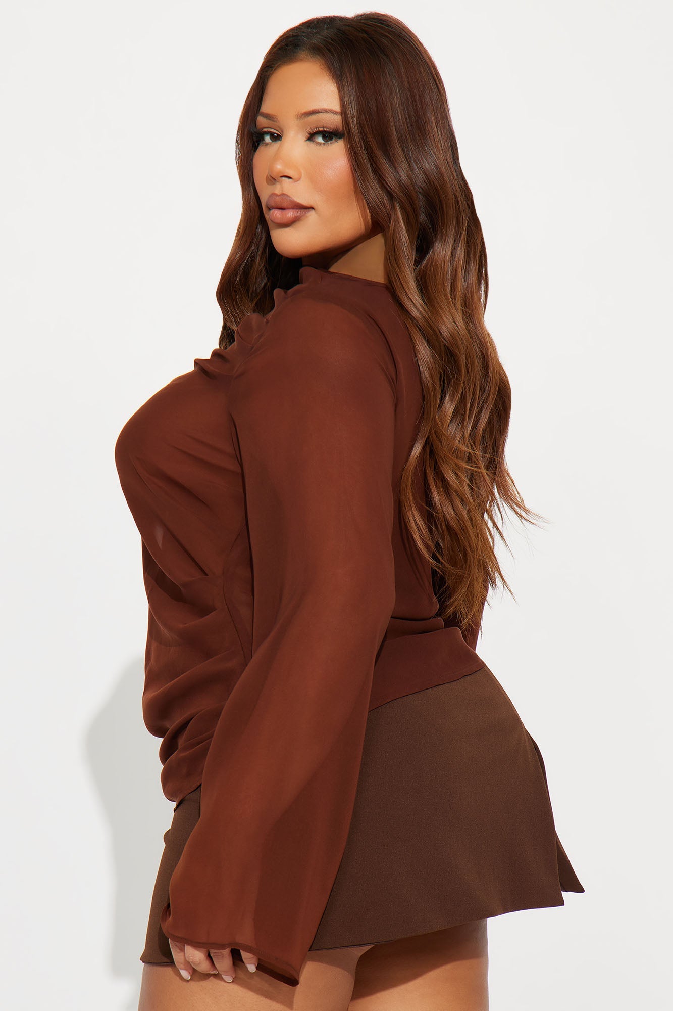 Venetian Date Ruched Sheer Chiffon Top - Brown