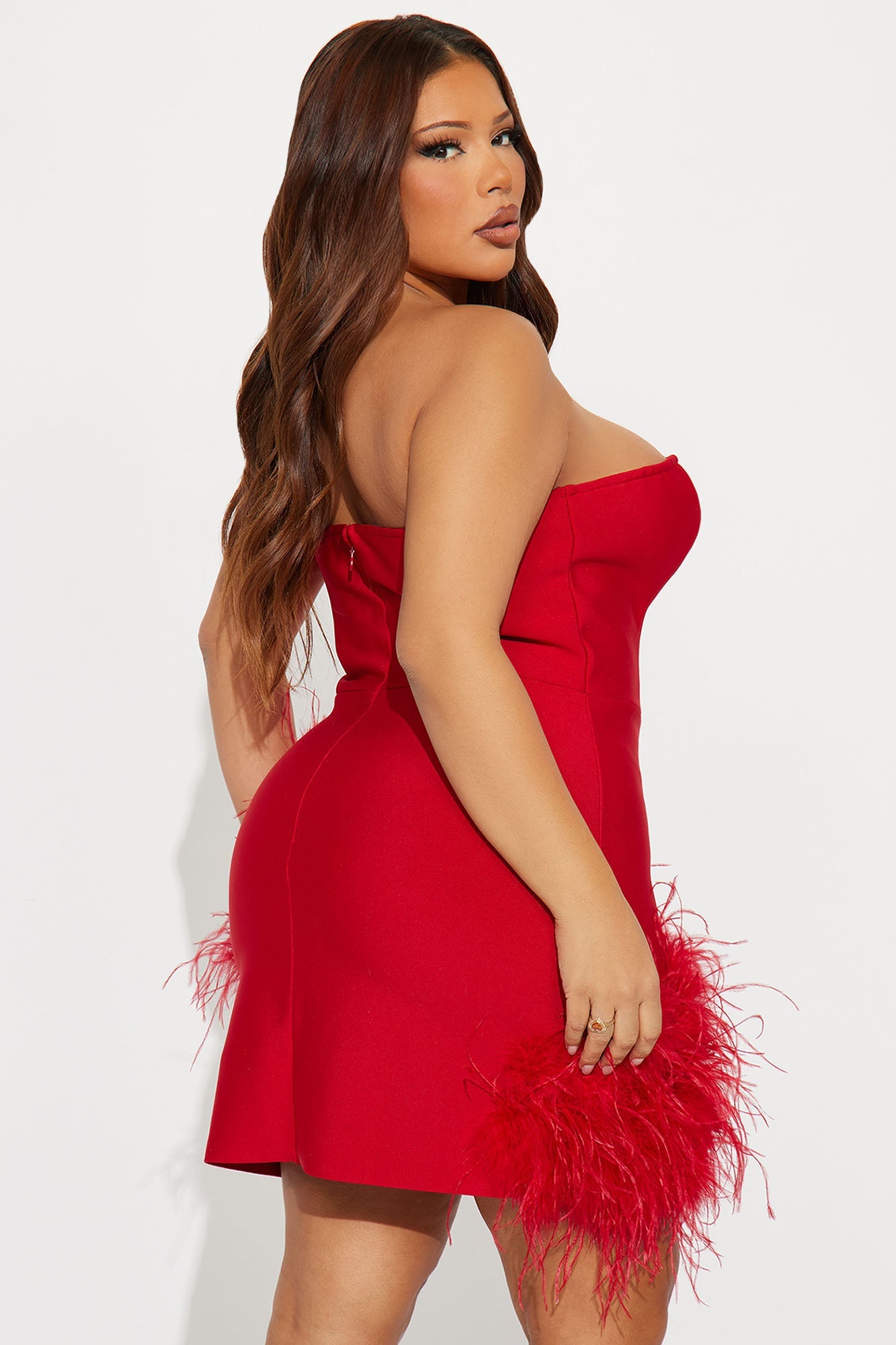 Top Choice Feather Trim Bandage Mini Dress - Red